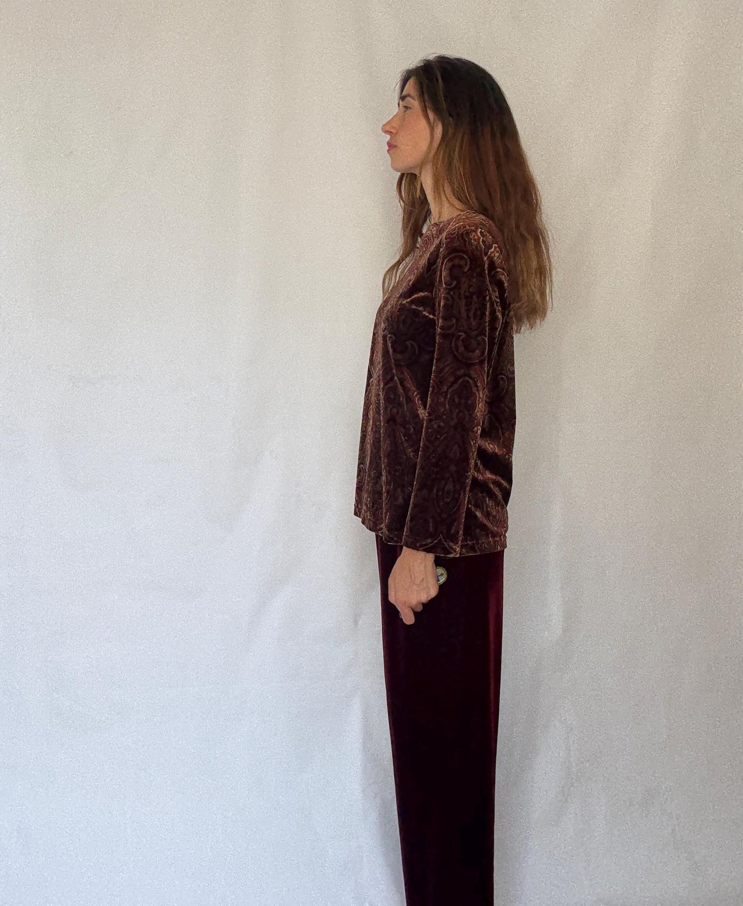 Vintage Rafaella Velvet Two Piece Set | Red Elastic Waist Pants & Patterned Long Sleeve Top | Fits M-L | Soft 90s Retro Loungewear