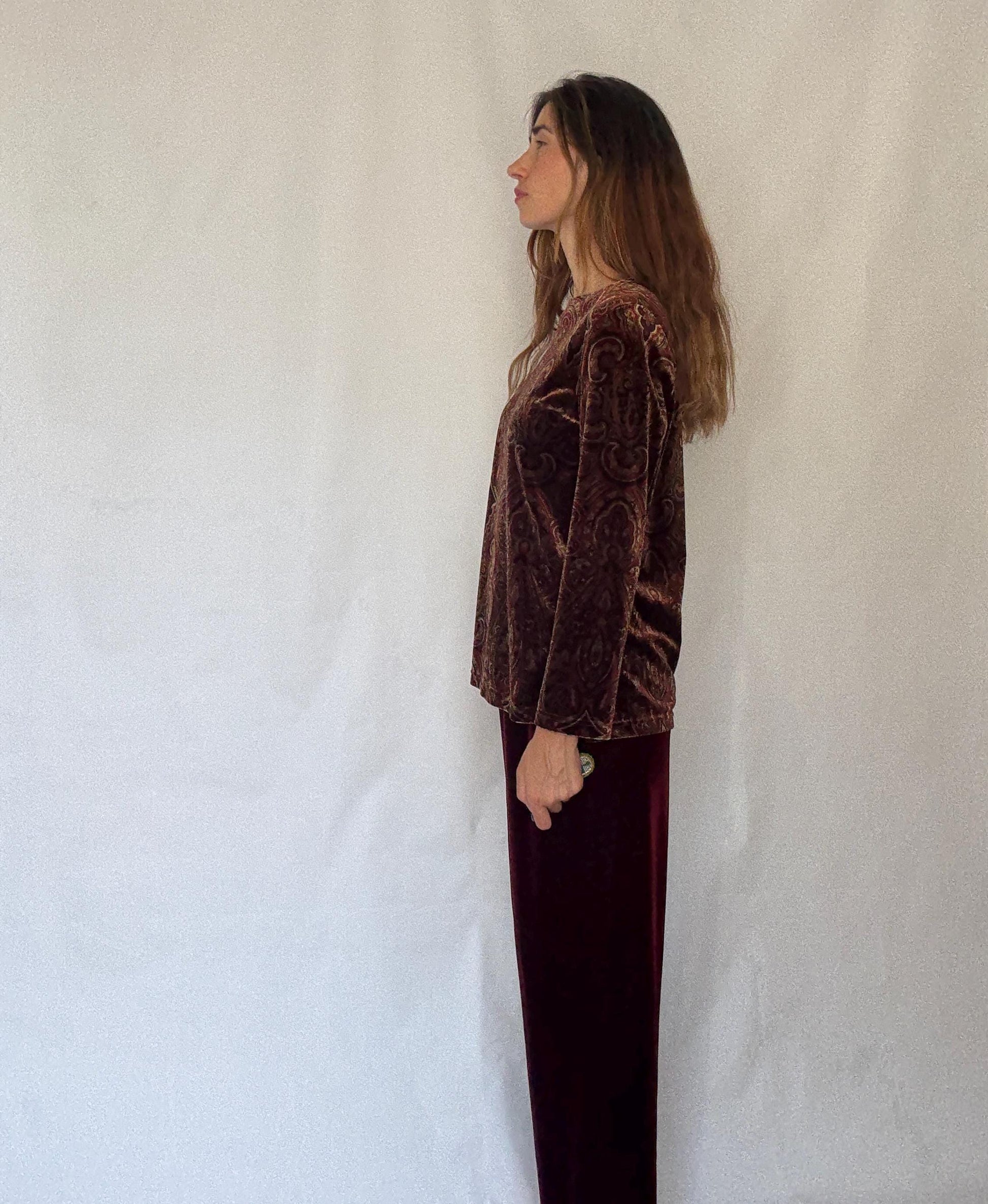 Vintage Rafaella Velvet Two Piece Set | Red Elastic Waist Pants & Patterned Long Sleeve Top | Fits M-L | Soft 90s Retro Loungewear