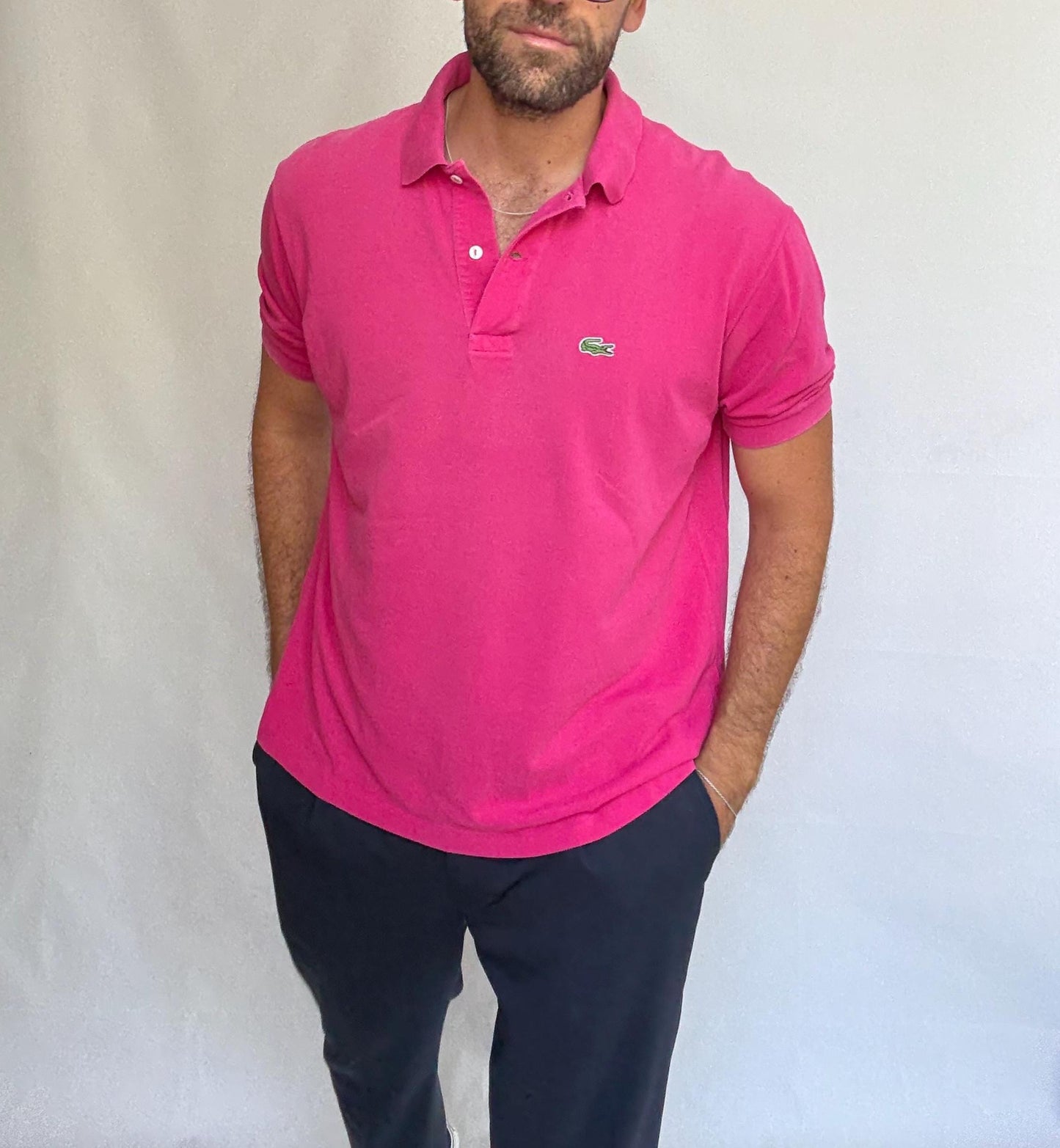 Vintage Lacoste pink polo shirt, 100% cotton, classic fit, buttoned placket, crocodile logo detail, preppy Carolyn bessette, kennedy, US L