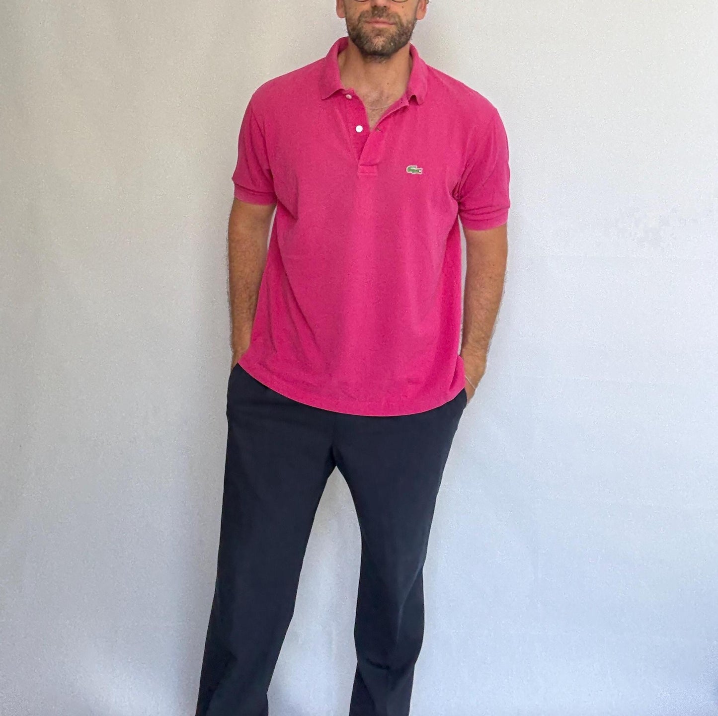 Vintage Lacoste pink polo shirt, 100% cotton, classic fit, buttoned placket, crocodile logo detail, preppy Carolyn bessette, kennedy, US L