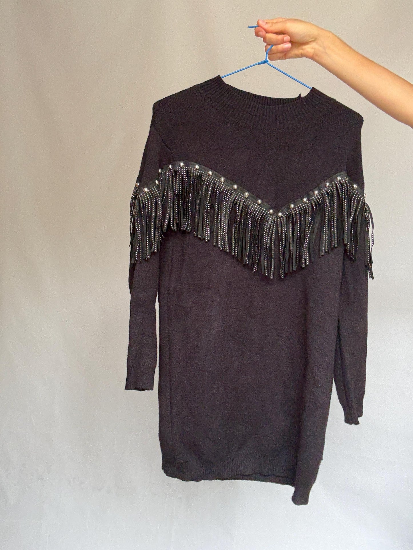 Western black mini dress, Embellished fringe short spring dress, Retro 90s vintage wear