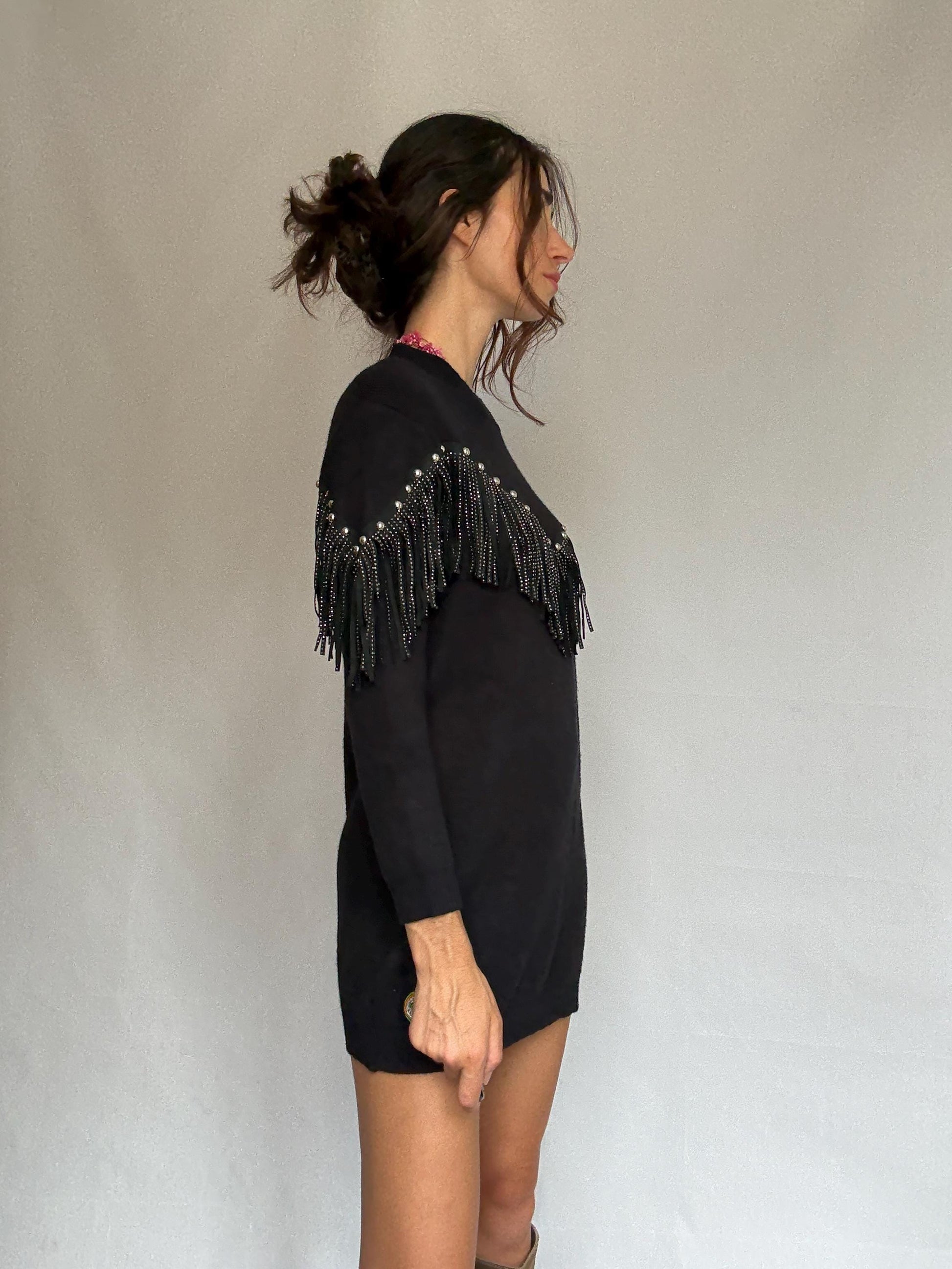 Western black mini dress, Embellished fringe short spring dress, Retro 90s vintage wear