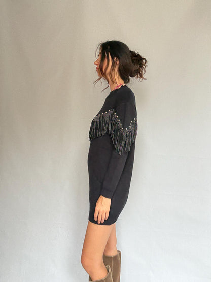 Western black mini dress, Embellished fringe short spring dress, Retro 90s vintage wear