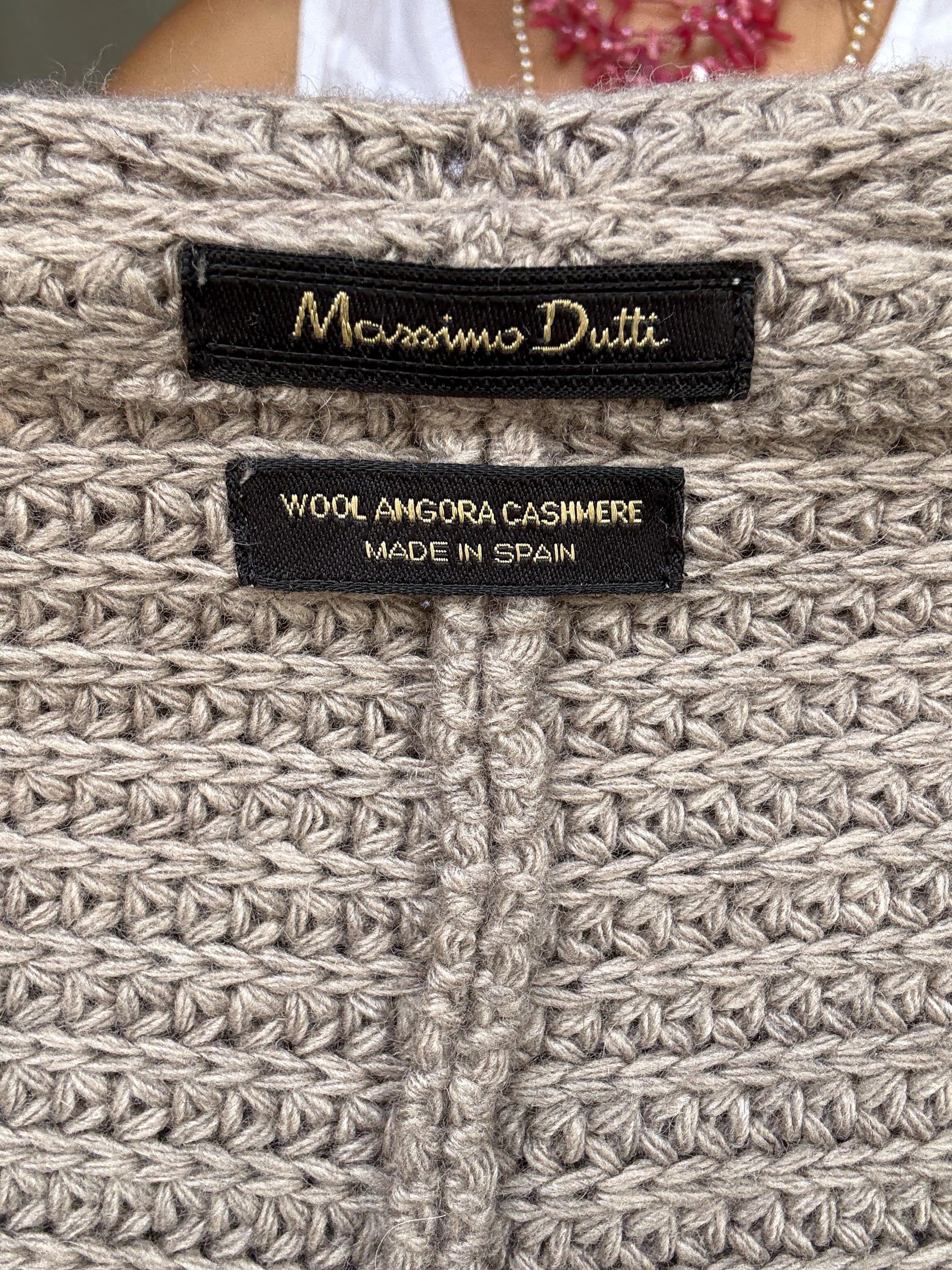Massimo Dutti taupe hooded cardigan, wool angora cashmere blend, loose fit, ribbed open front, minimalist chic, US L, cozy casual wear
