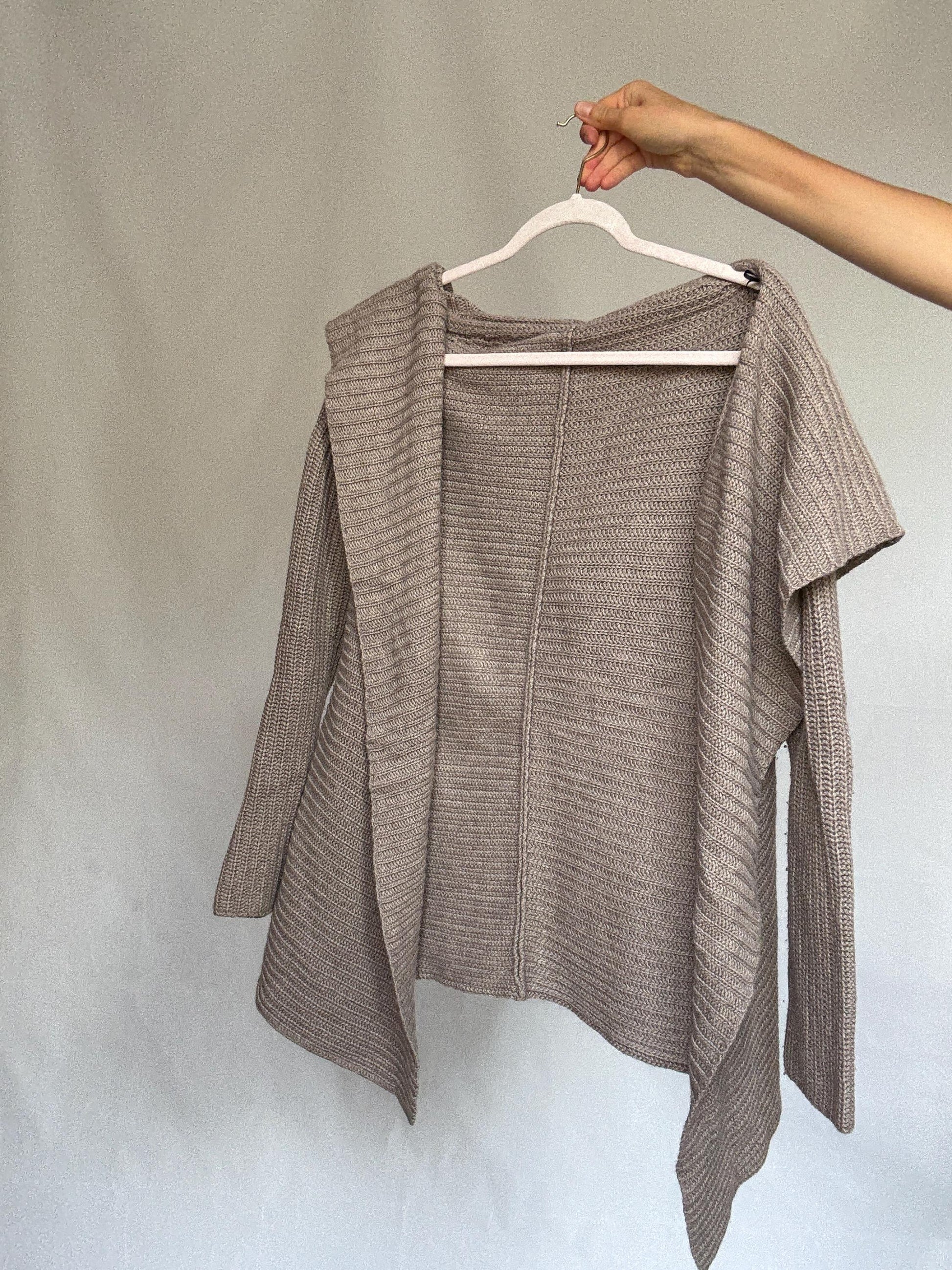 Massimo Dutti taupe hooded cardigan, wool angora cashmere blend, loose fit, ribbed open front, minimalist chic, US L, cozy casual wear