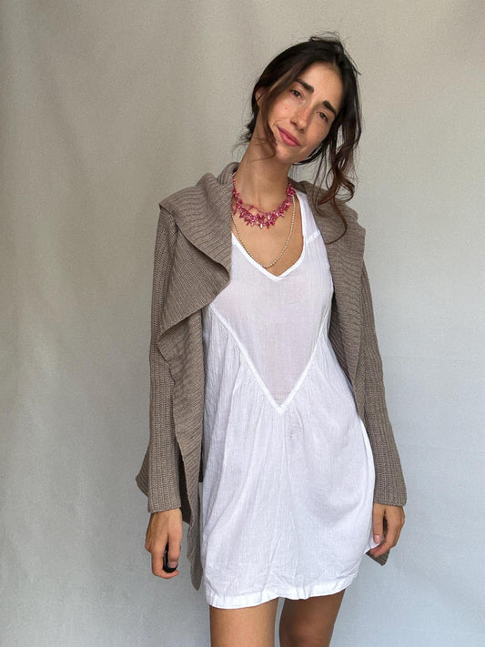 Massimo Dutti taupe hooded cardigan, wool angora cashmere blend, loose fit, ribbed open front, minimalist chic, US L, cozy casual wear