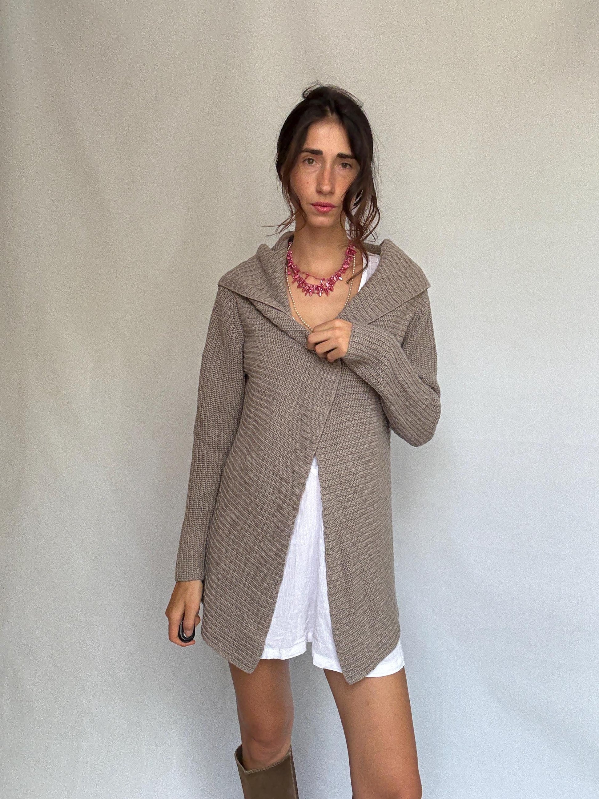 Massimo Dutti taupe hooded cardigan, wool angora cashmere blend, loose fit, ribbed open front, minimalist chic, US L, cozy casual wear