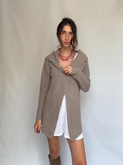 Taupe Wool Angora Cashmere Blend Cardigan — fabric close-up