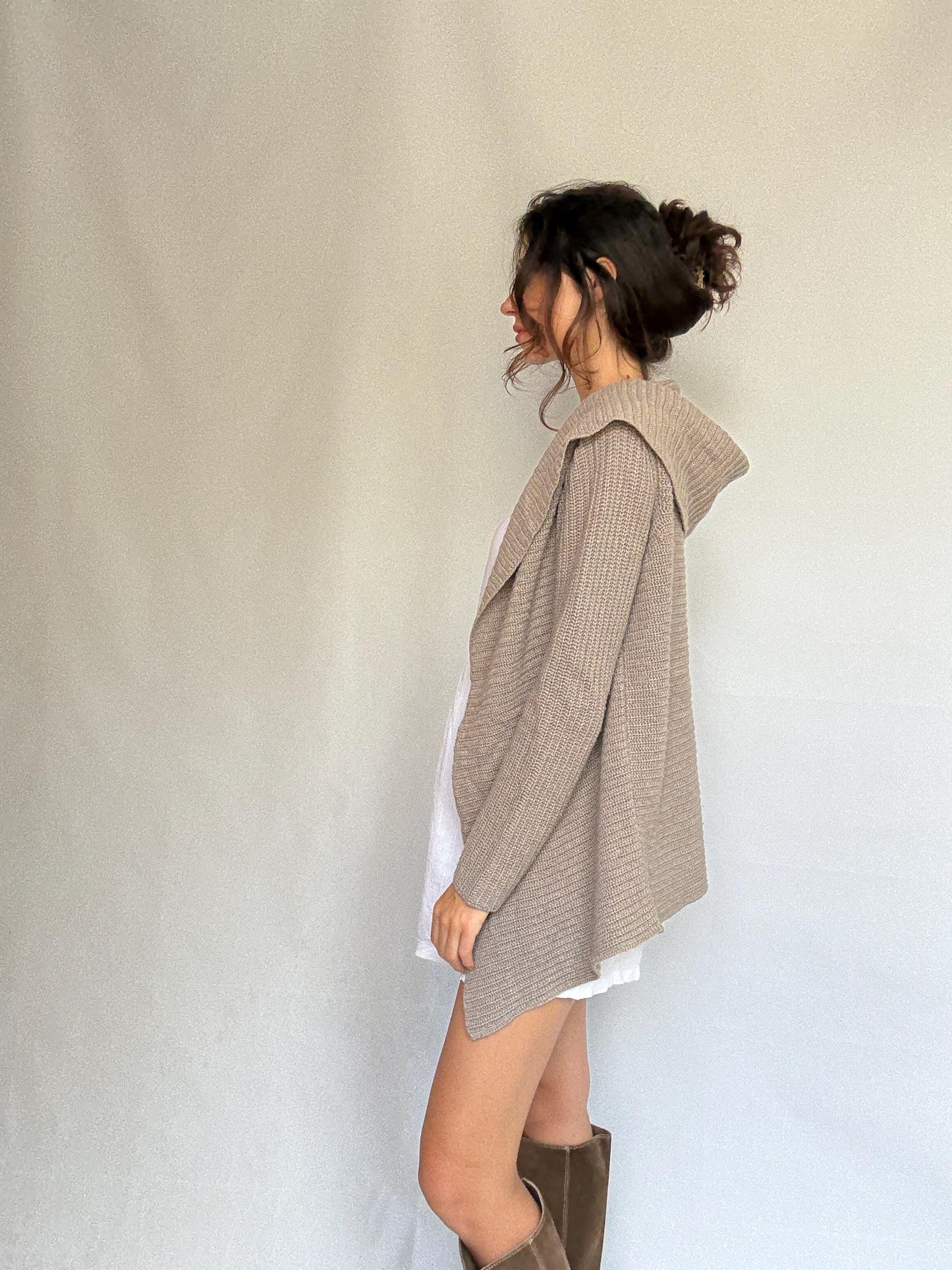 Massimo Dutti taupe hooded cardigan, wool angora cashmere blend, loose fit, ribbed open front, minimalist chic, US L, cozy casual wear