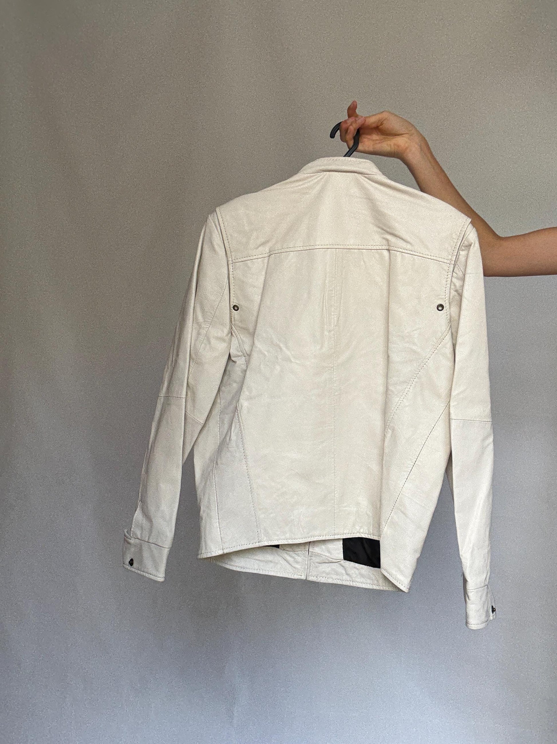 White leather jacket, genuine goat leather, minimalist design, high collar, zippered pockets, streetwear Rooney Mara, Men US L