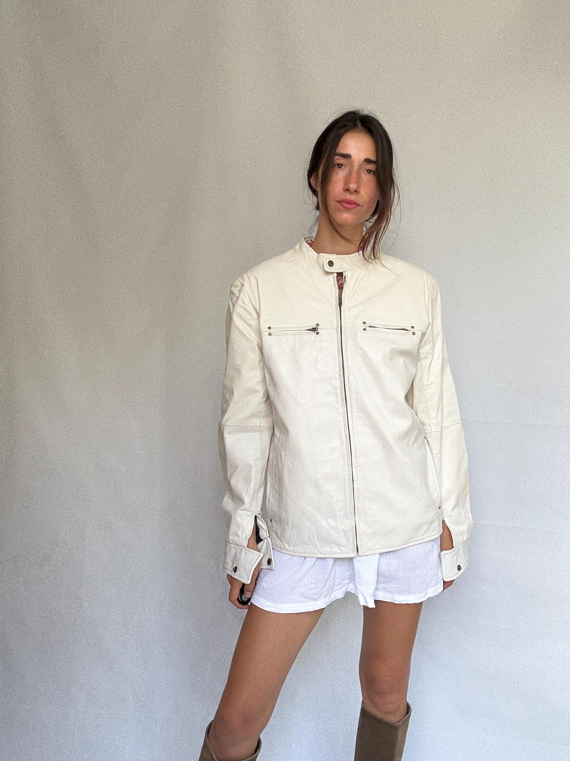 White leather jacket, genuine goat leather, minimalist design, high collar, zippered pockets, streetwear Rooney Mara, Men US L