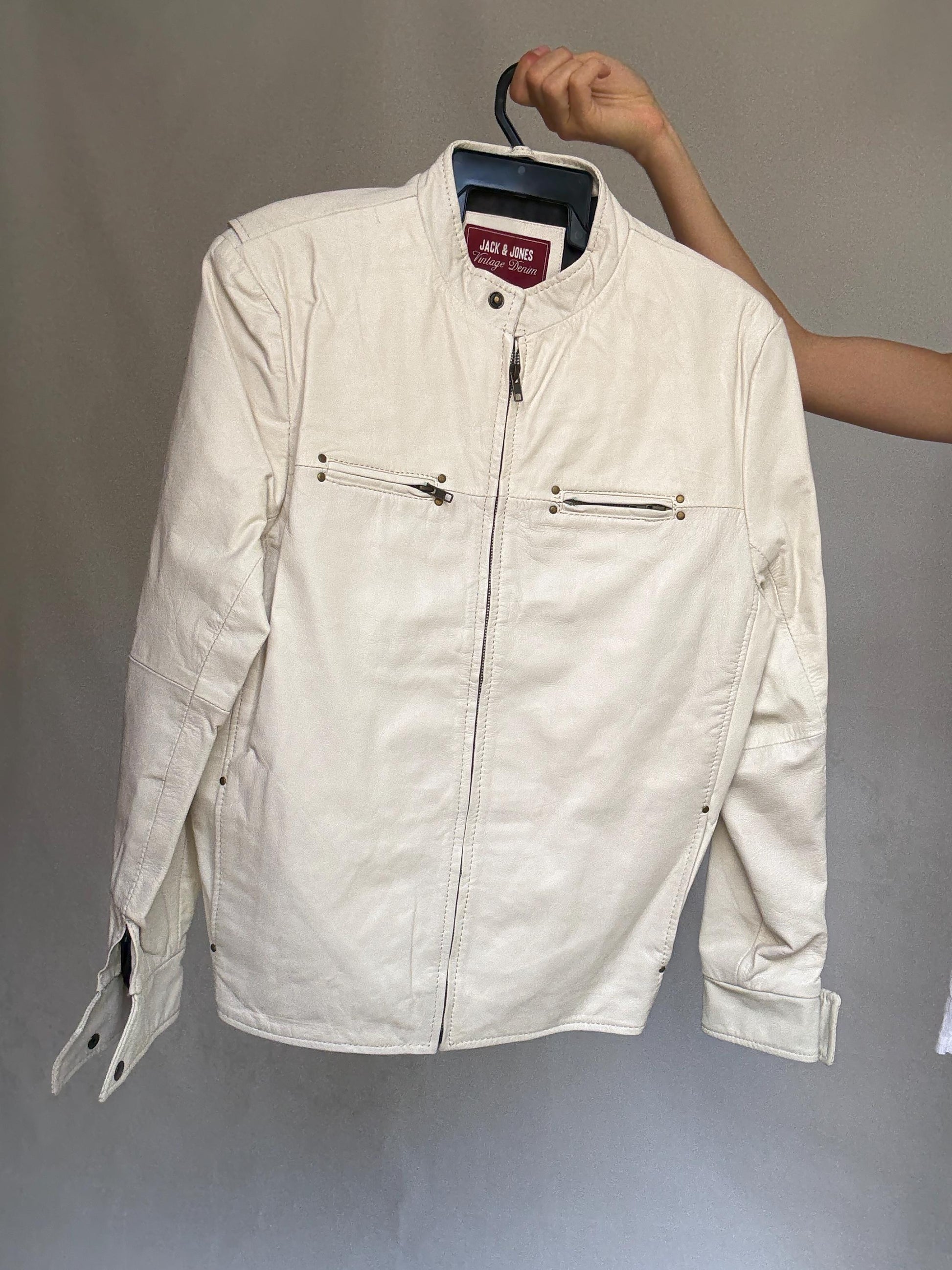 White leather jacket, genuine goat leather, minimalist design, high collar, zippered pockets, streetwear Rooney Mara, Men US L