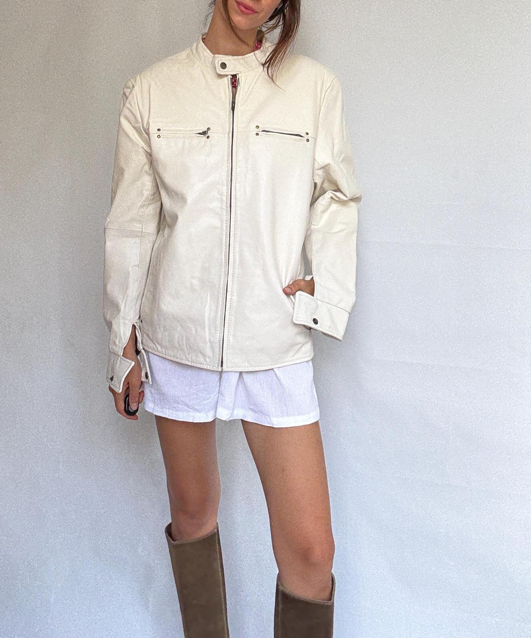 White leather jacket, genuine goat leather, minimalist design, high collar, zippered pockets, streetwear Rooney Mara, Men US L