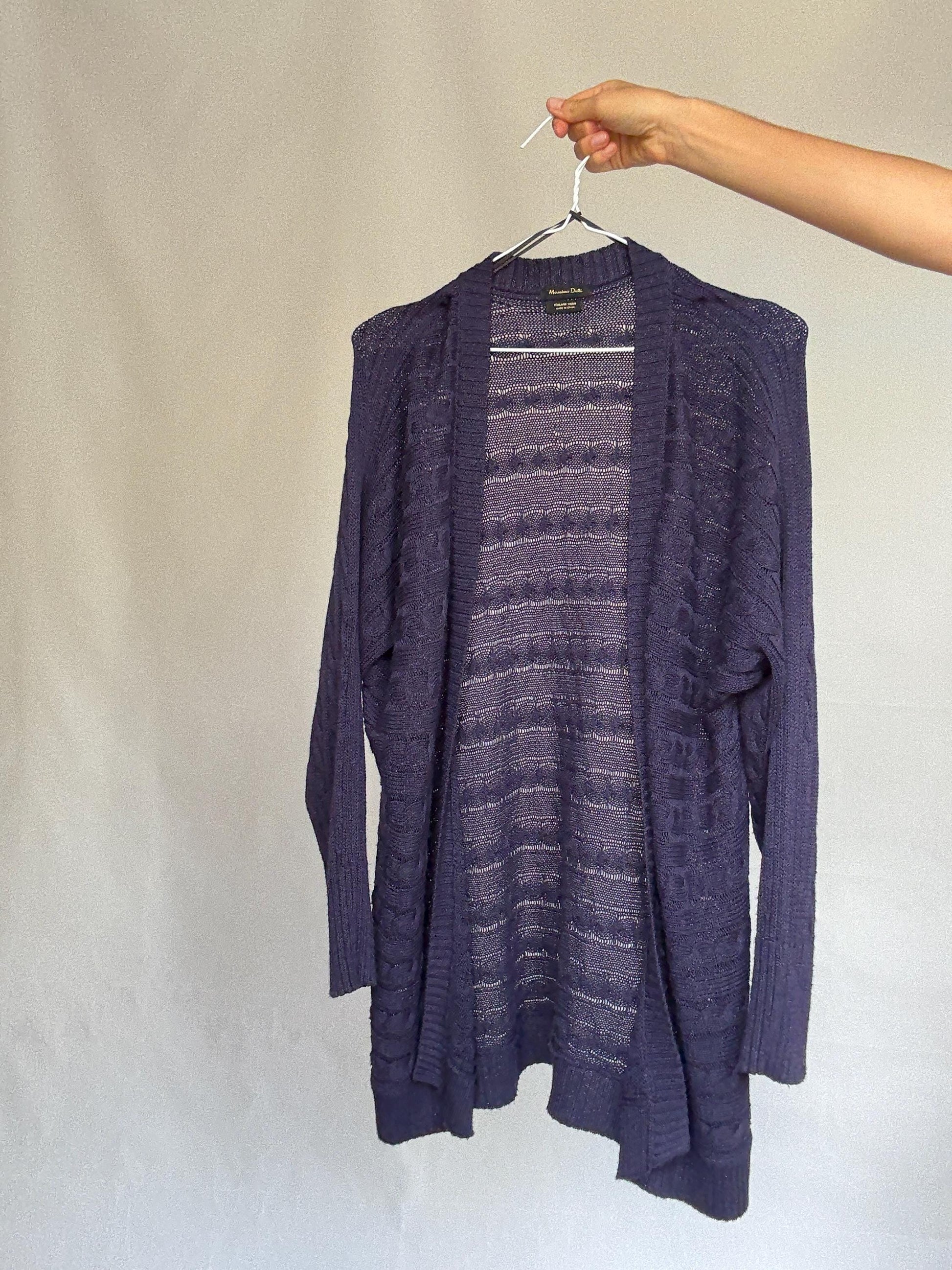 Massimo Dutti dark knit cardigan, viscose blend feel, open front, Italian yarn cable knit pattern, casual chic, US M, versatile layering