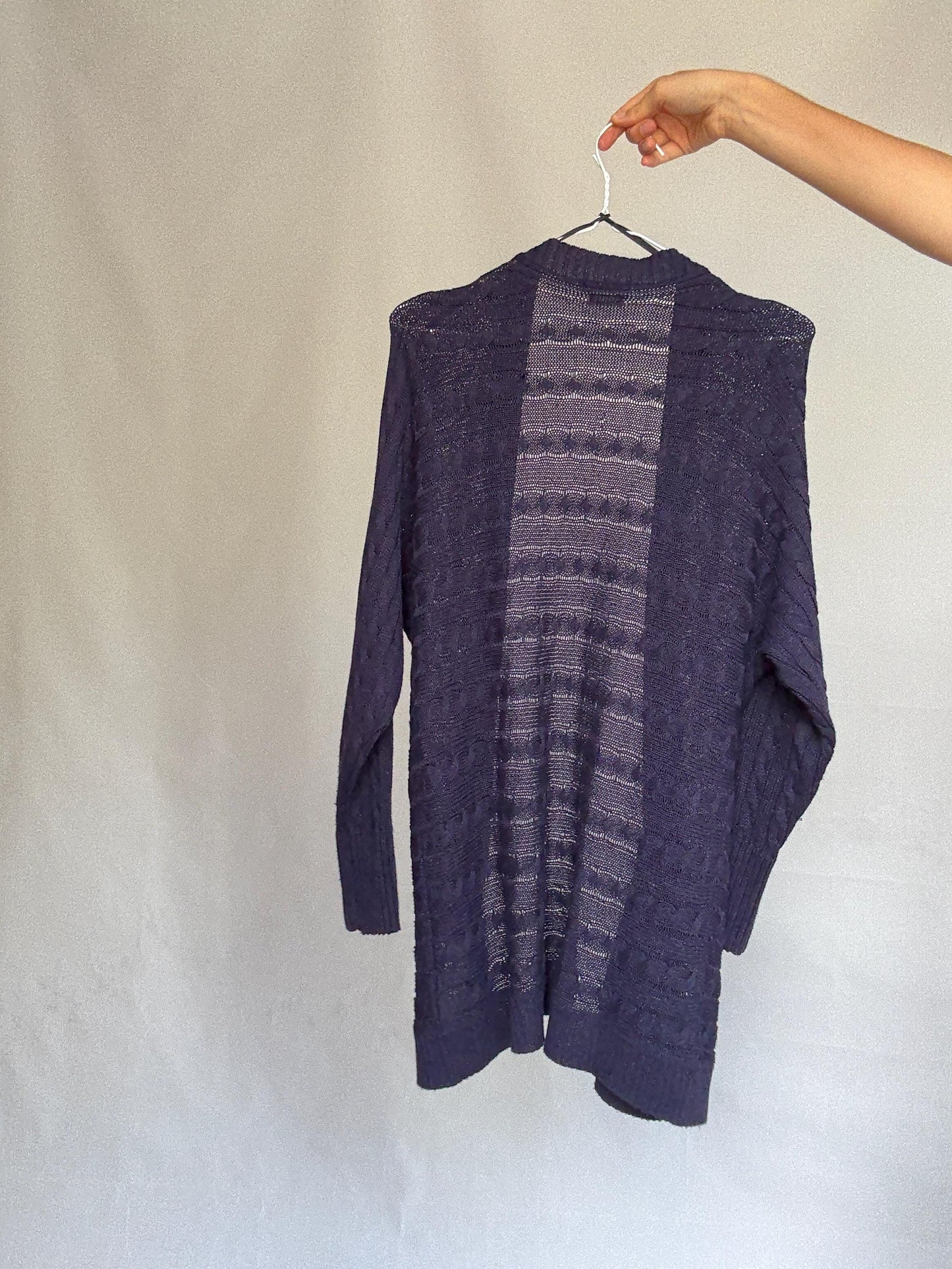 Massimo Dutti dark knit cardigan, viscose blend feel, open front, Italian yarn cable knit pattern, casual chic, US M, versatile layering