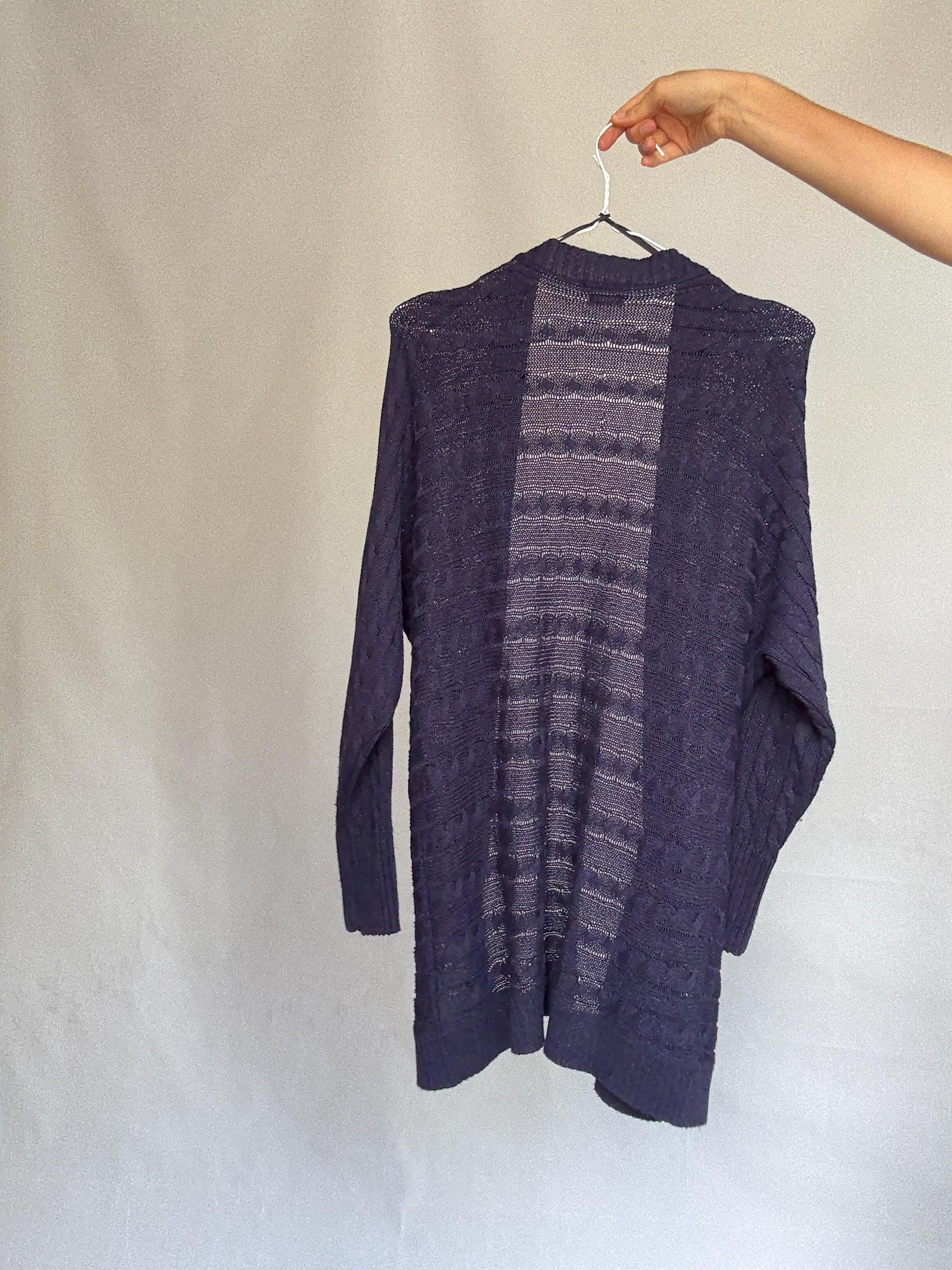 Massimo Dutti dark knit cardigan, viscose blend feel, open front, Italian yarn cable knit pattern, casual chic, US M, versatile layering