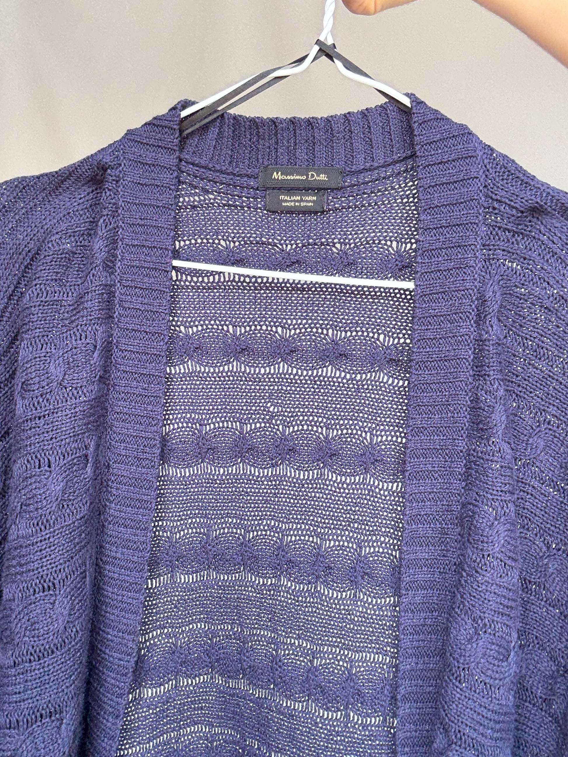 Massimo Dutti dark knit cardigan, viscose blend feel, open front, Italian yarn cable knit pattern, casual chic, US M, versatile layering