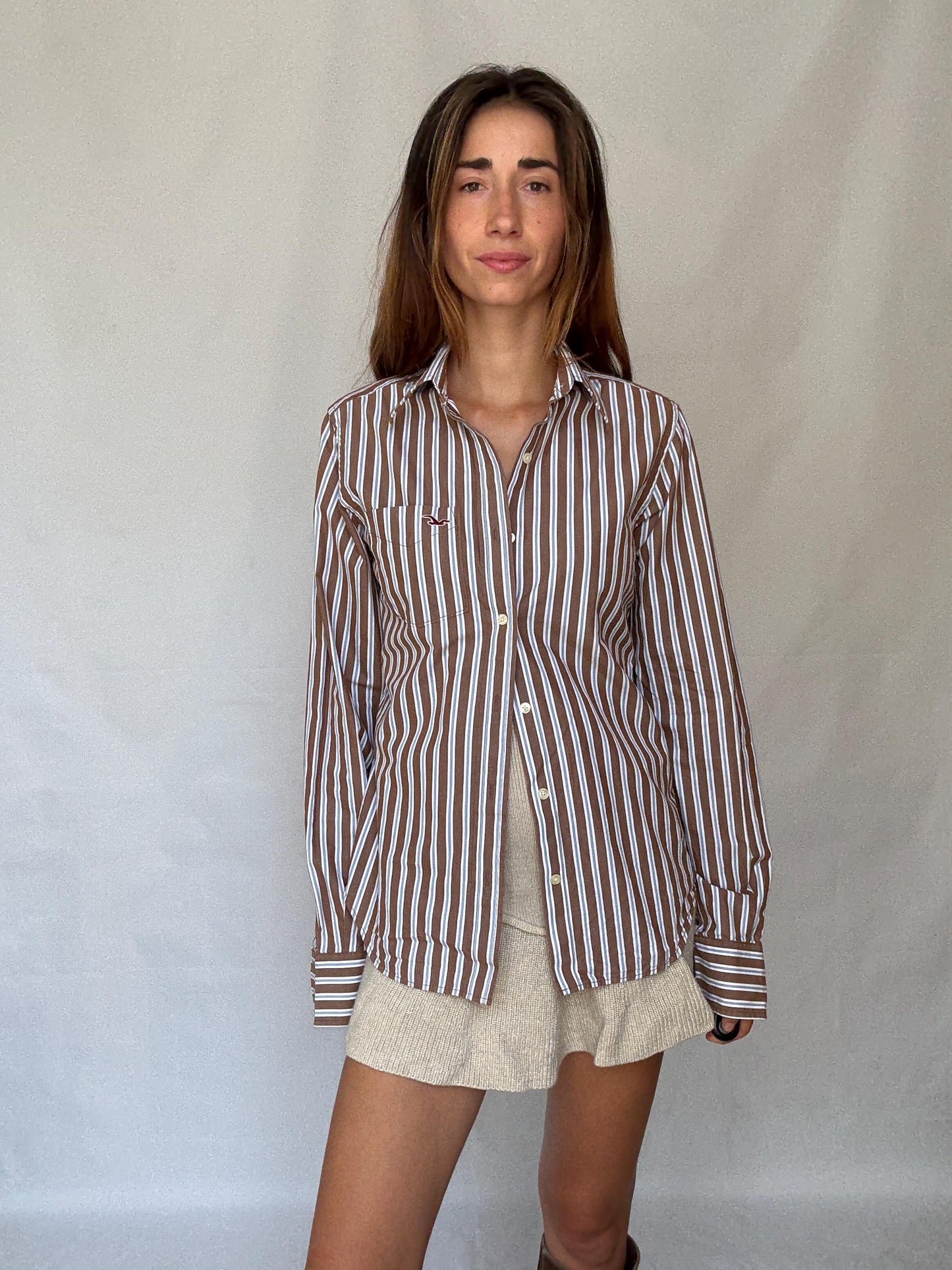 Boyfriend button up shirt, Hollister California Striped Cotton Shirt | Brown Blue White | Size S Menswear | Oversized Boyfriend Unisex Fit