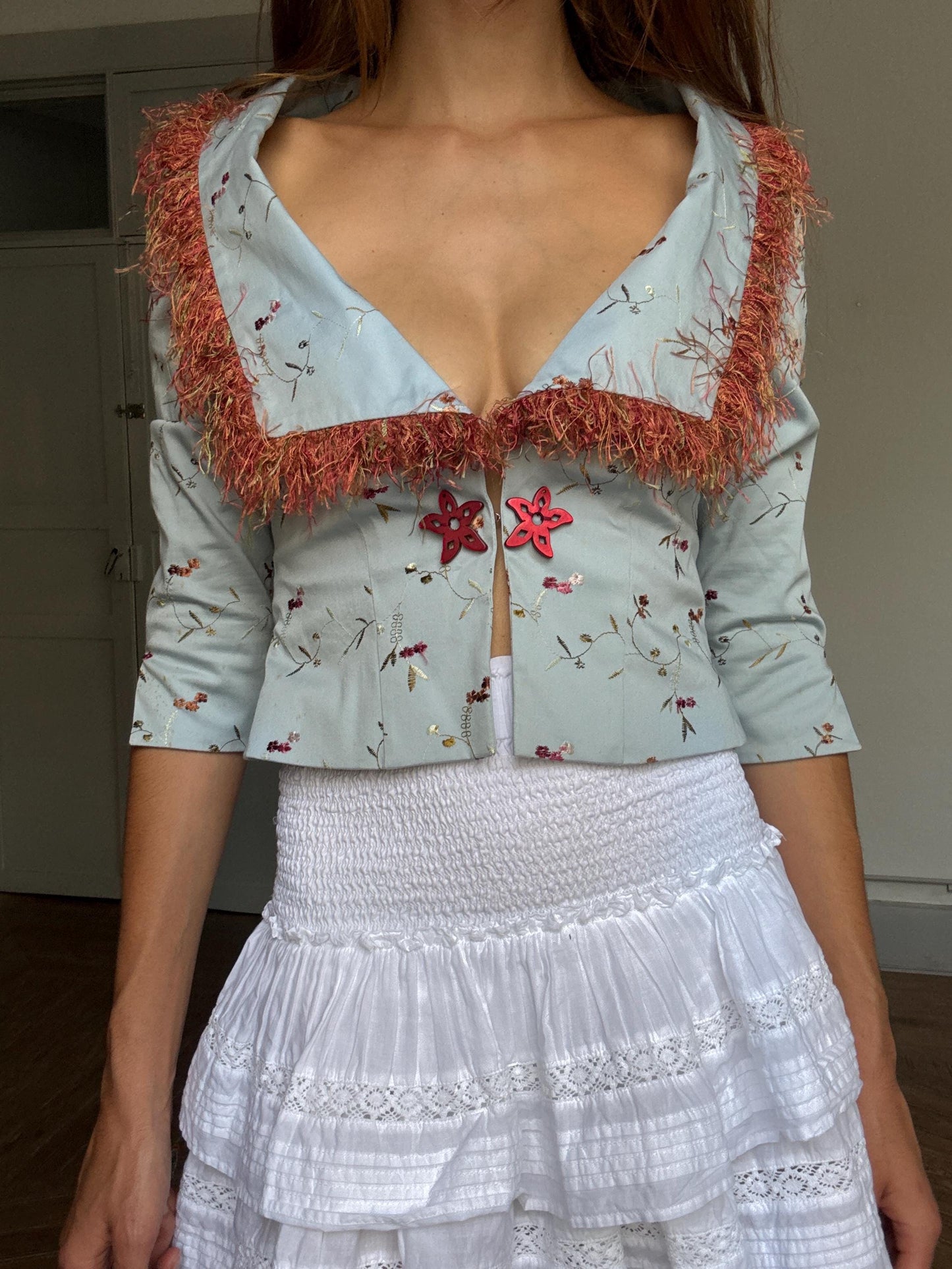 Rare Ogadenia Díaz baby blue cropped jacket with floral embroidery & rust trim – likely silk – fits XS-S – Canary Islands couture