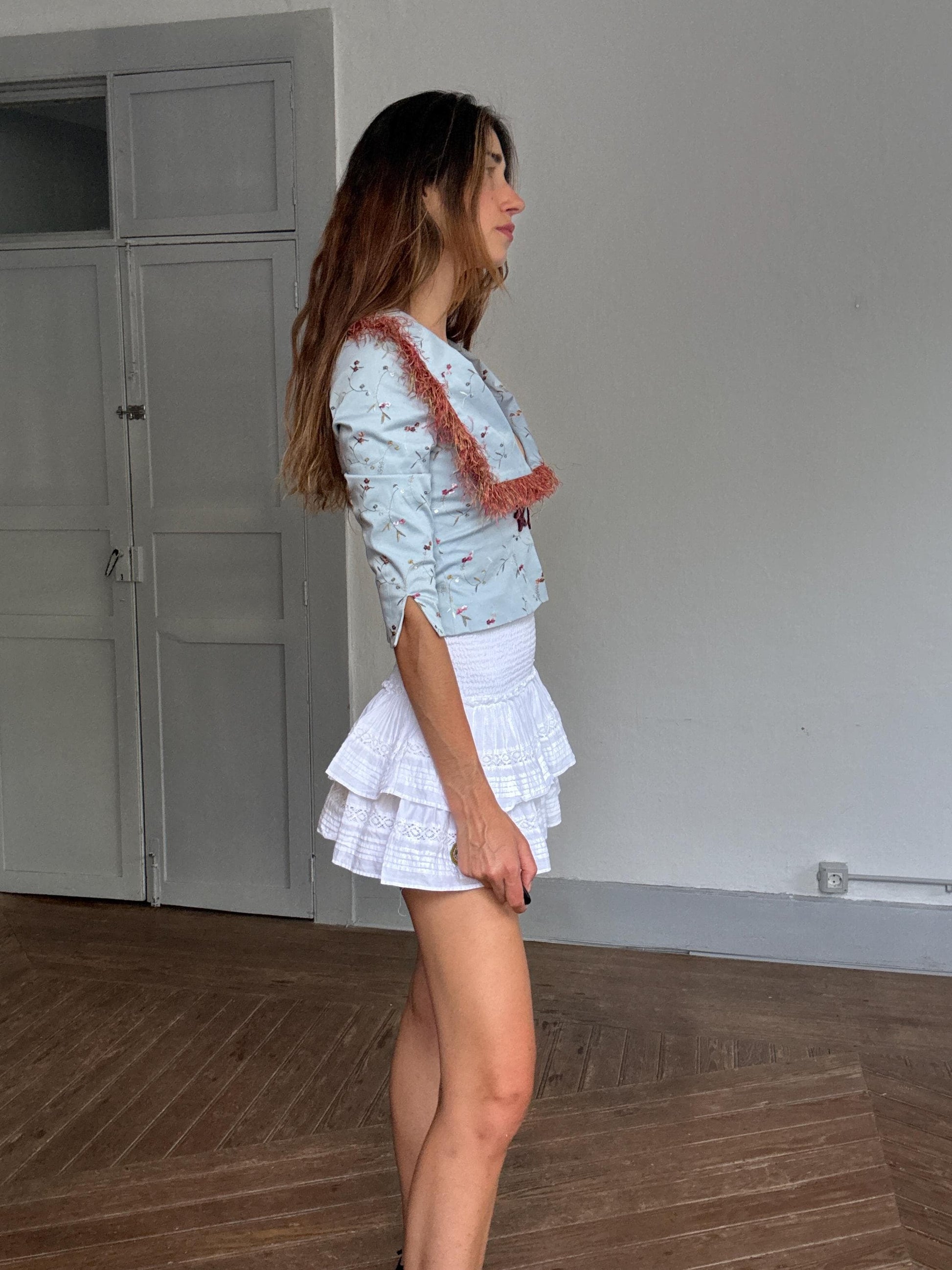 Rare Ogadenia Díaz baby blue cropped jacket with floral embroidery & rust trim – likely silk – fits XS-S – Canary Islands couture