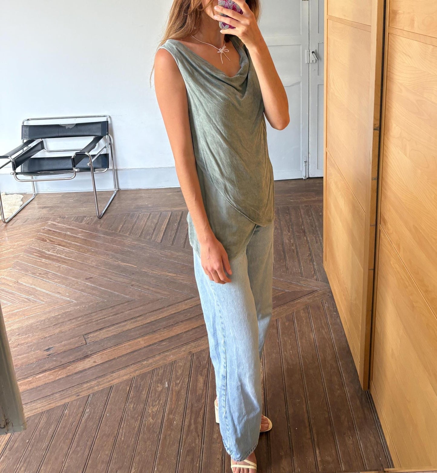 Vintage luxury made in Italy draped camisole top, Light grey elegant summer minimal camisole, Super soft shirt