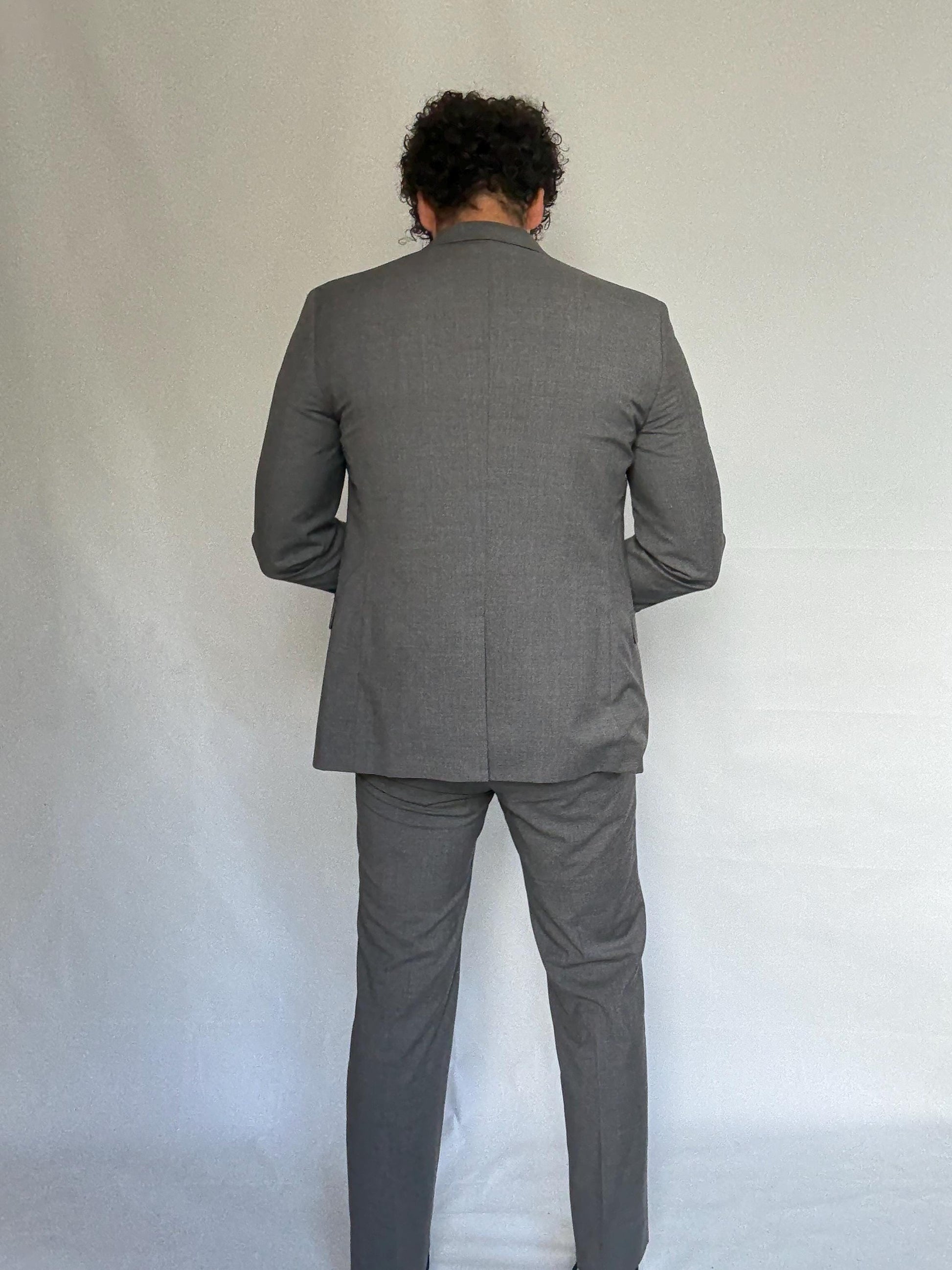 Calvin Klein gray suit, 100% wool, tailored fit, two, button blazer, slim fit trousers, minimalist elegant, US M, formal office wear