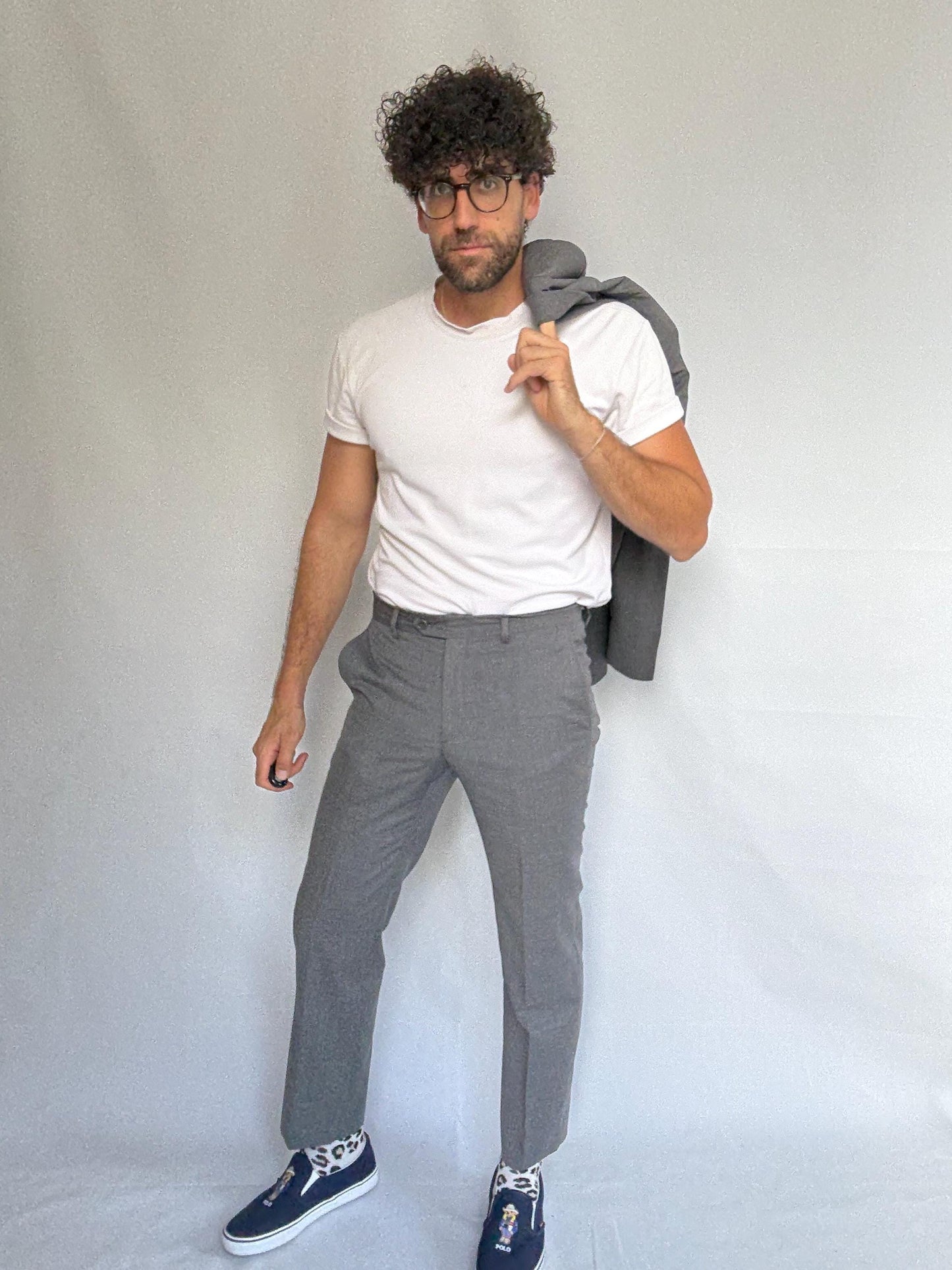 Calvin Klein gray suit, 100% wool, tailored fit, two, button blazer, slim fit trousers, minimalist elegant, US M, formal office wear