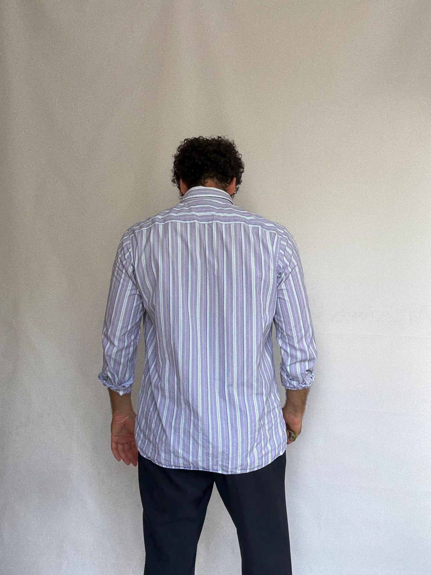 Tommy Hilfiger blue striped button, up shirt, cotton feel, relaxed fit, button front, classic stripe pattern, retro 80s, US XL