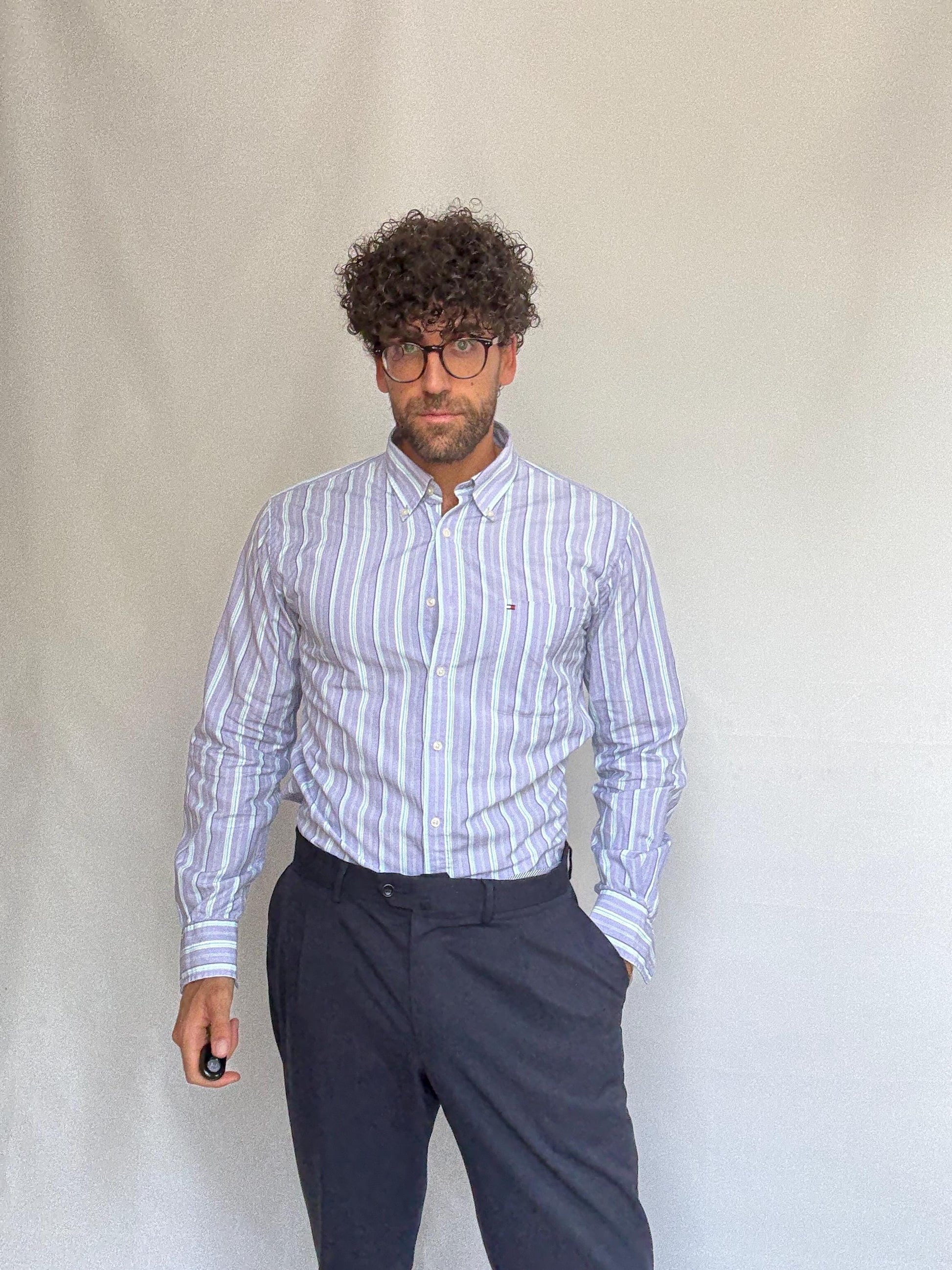 Tommy Hilfiger blue striped button, up shirt, cotton feel, relaxed fit, button front, classic stripe pattern, retro 80s, US XL