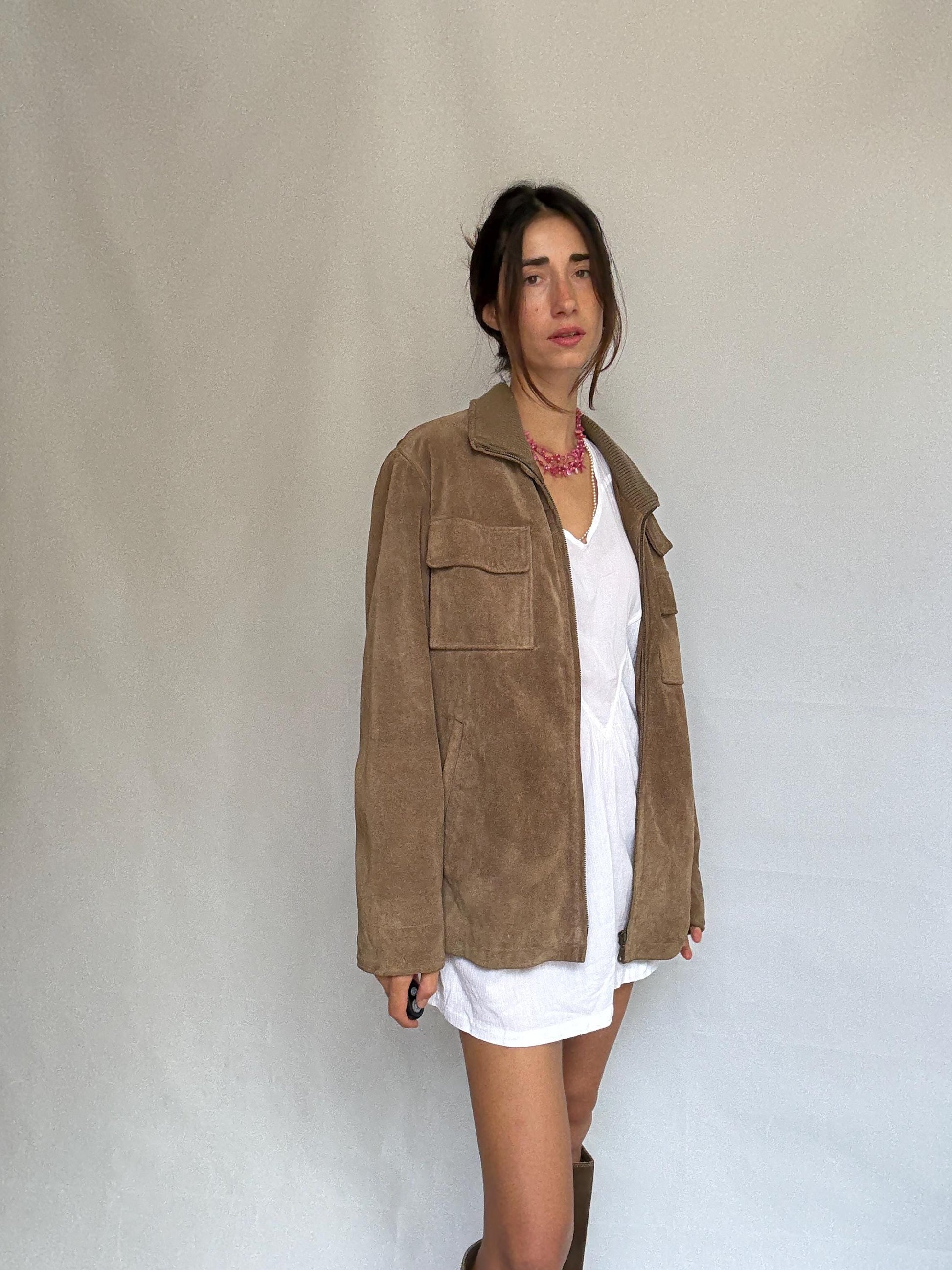 Vintage taupe suede jacket, genuine leather, relaxed fit, zipper closure, chest pockets, retro 90s style, unisex, US XL, casual streetwear