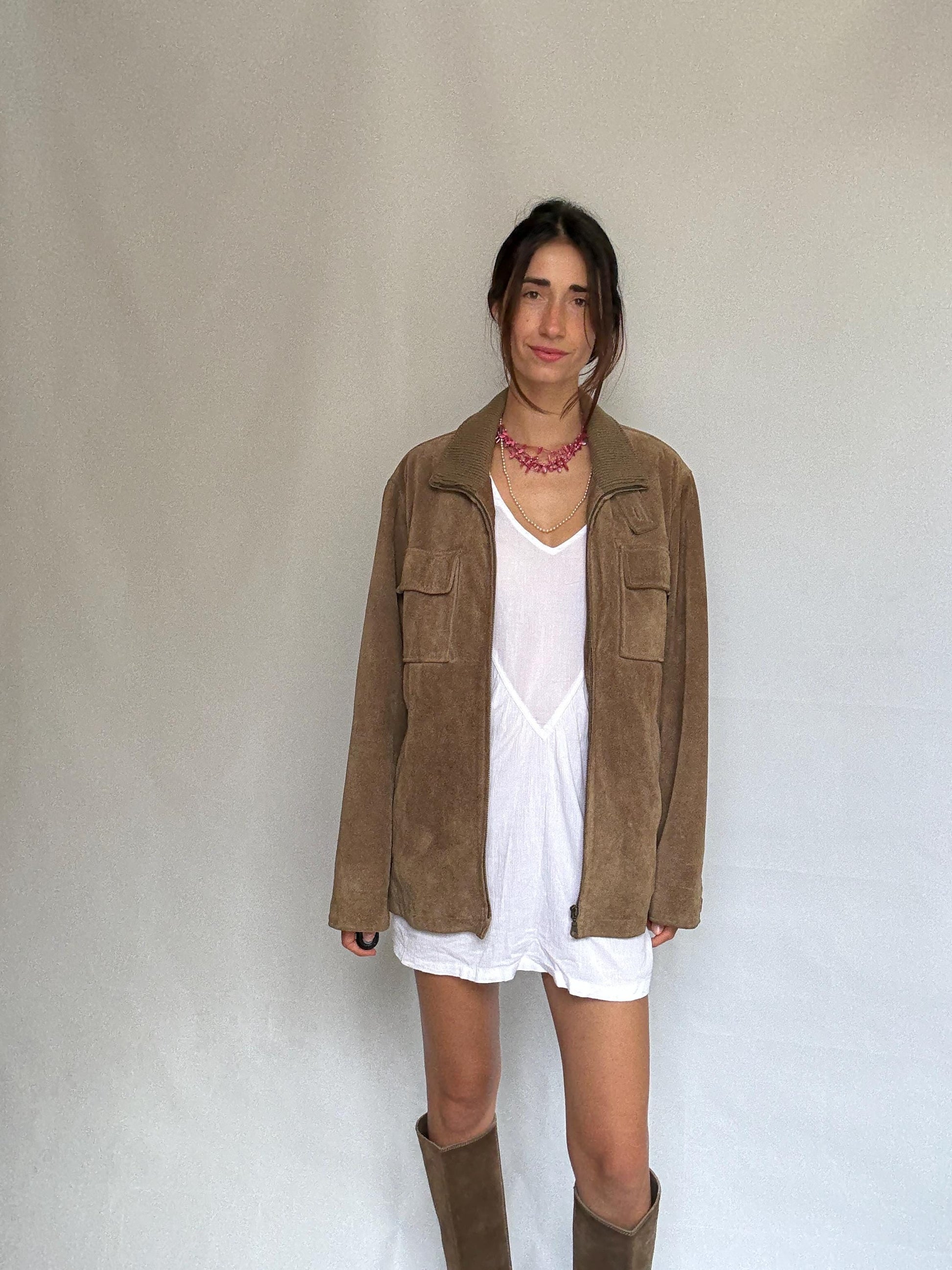 Vintage taupe suede jacket, genuine leather, relaxed fit, zipper closure, chest pockets, retro 90s style, unisex, US XL, casual streetwear