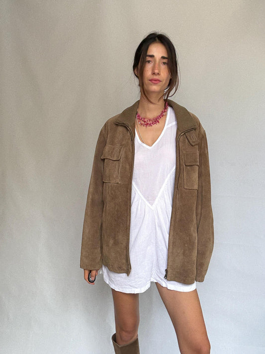 Vintage taupe suede jacket, genuine leather, relaxed fit, zipper closure, chest pockets, retro 90s style, unisex, US XL, casual streetwear