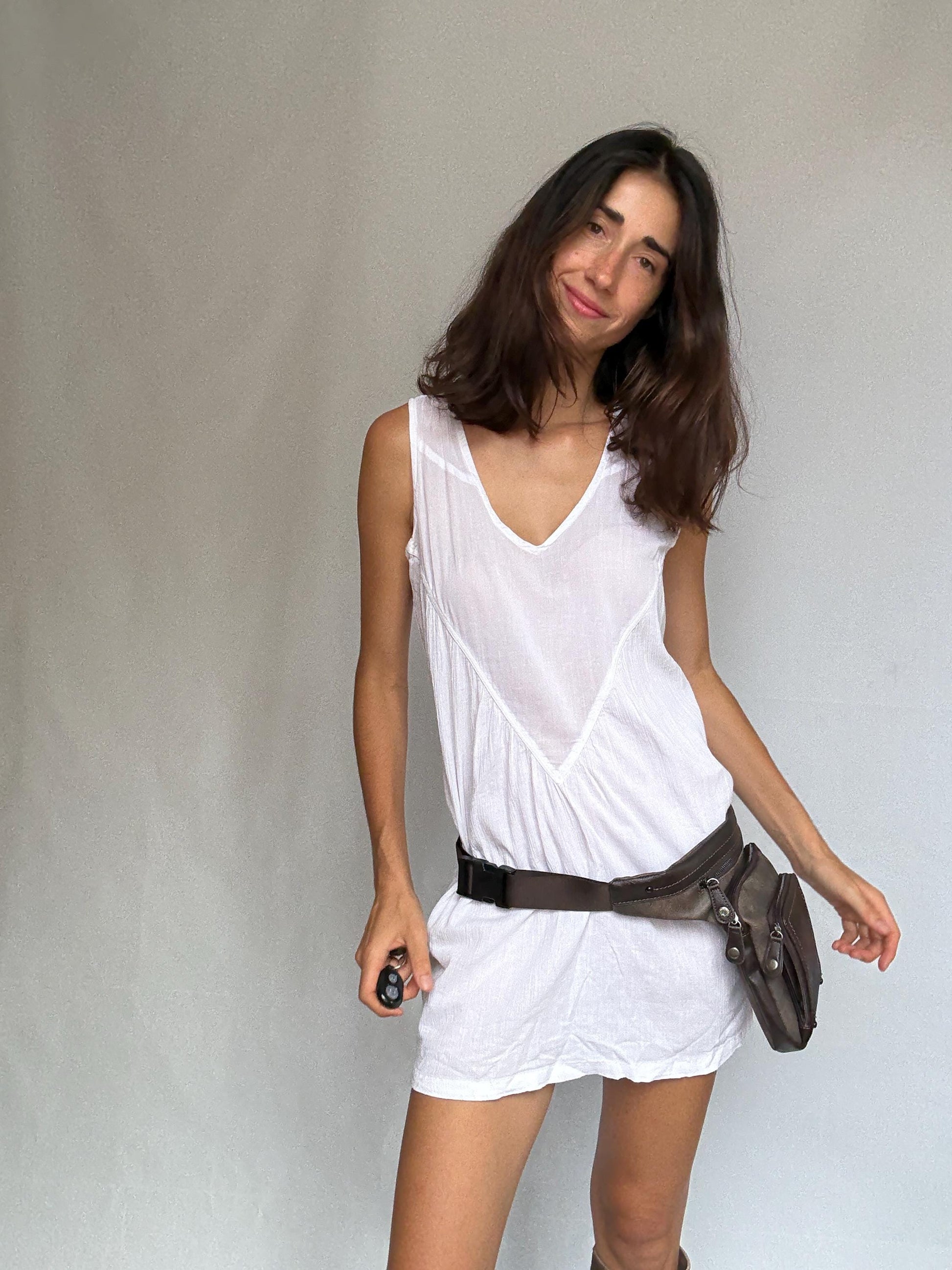 Brown leather crossbody belt bag, adjustable strap, double zip, versatile casual use fanny pack