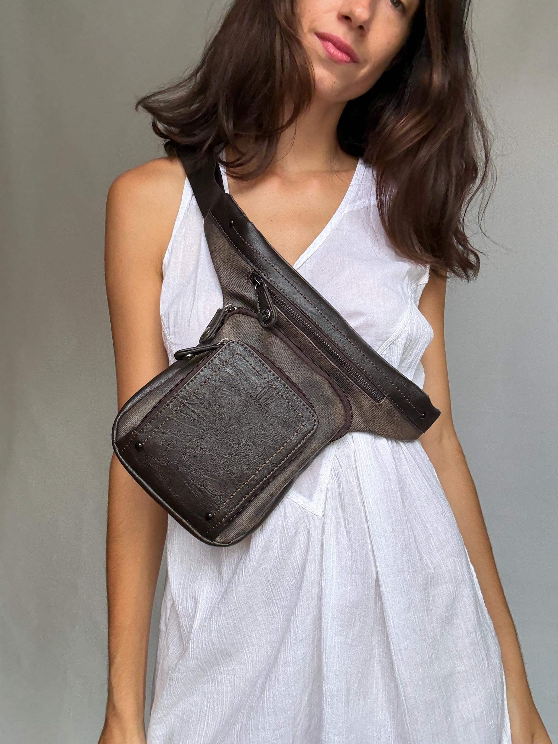Brown leather crossbody belt bag, adjustable strap, double zip, versatile casual use fanny pack