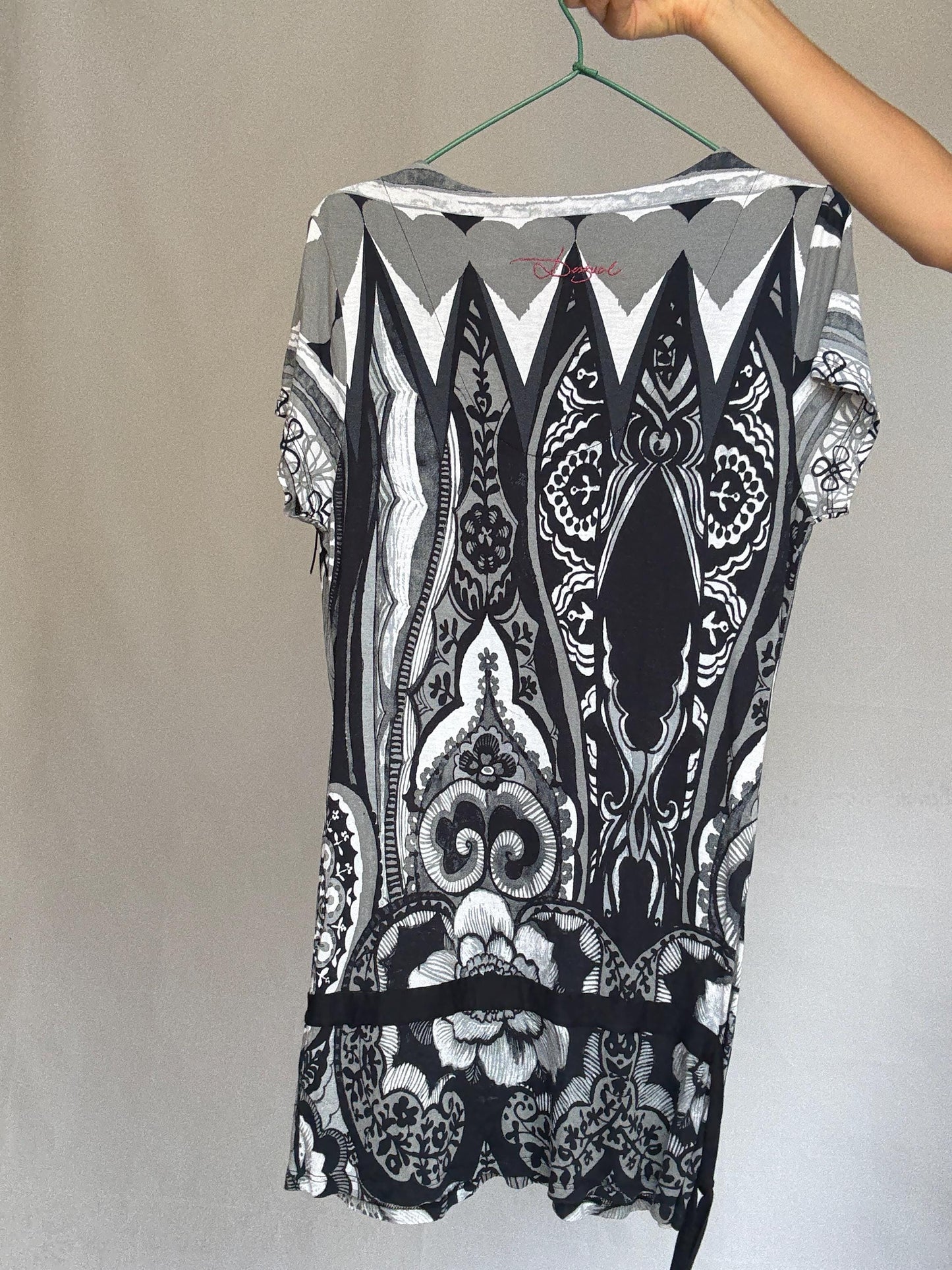 Desigual black white gray patterned blouse, cotton feel, relaxed fit, fringed scarf, bohemian artistic, US XL, casual versatile