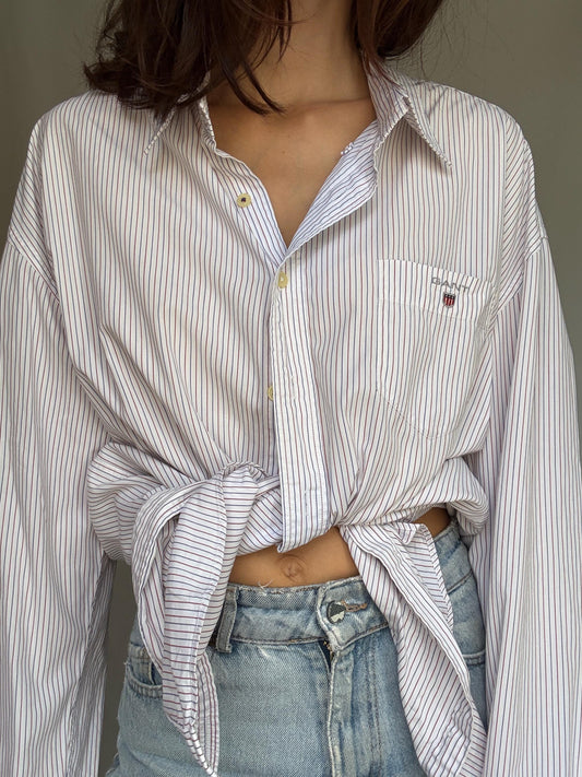 GANT white pinstripe shirt, 100% cotton, regular fit, button, up with logo pocket, preppy Meghan Markle style, US XXL, casual campus wear
