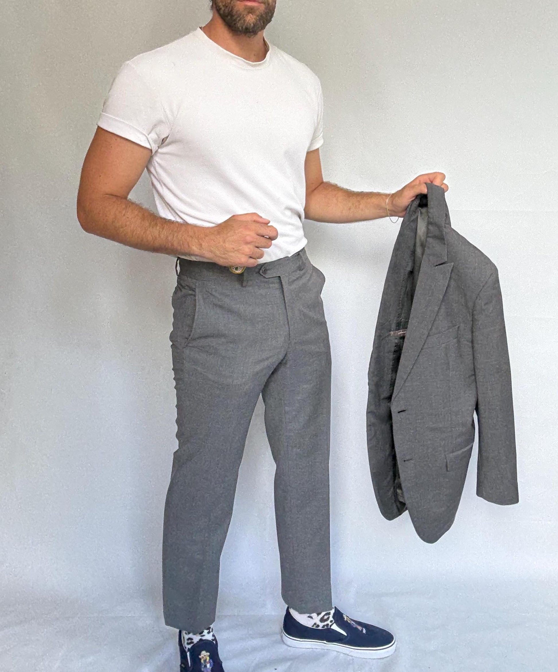 Calvin Klein gray suit, 100% wool, tailored fit, two, button blazer, slim fit trousers, minimalist elegant, US M, formal office wear