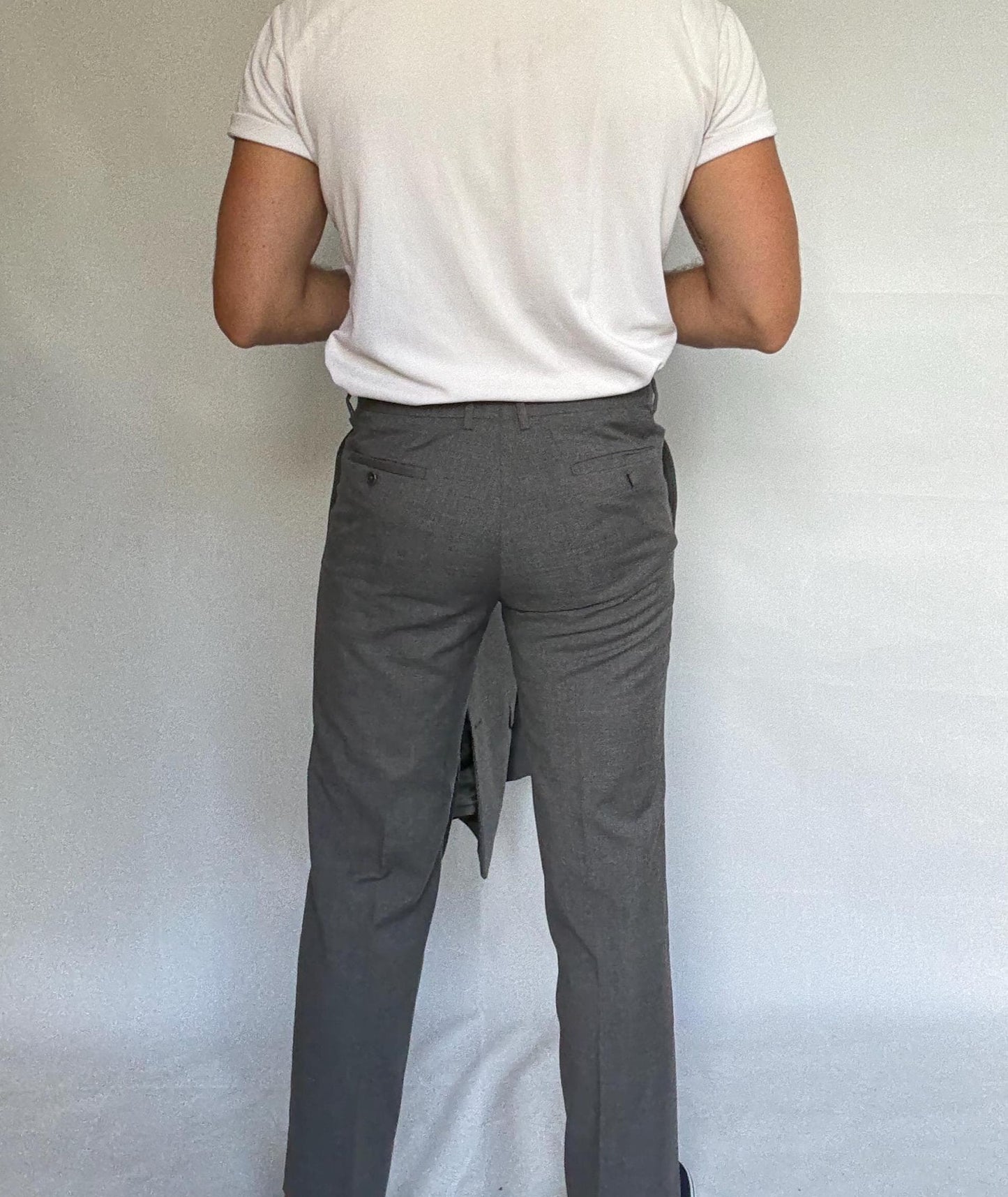 Calvin Klein gray suit, 100% wool, tailored fit, two, button blazer, slim fit trousers, minimalist elegant, US M, formal office wear