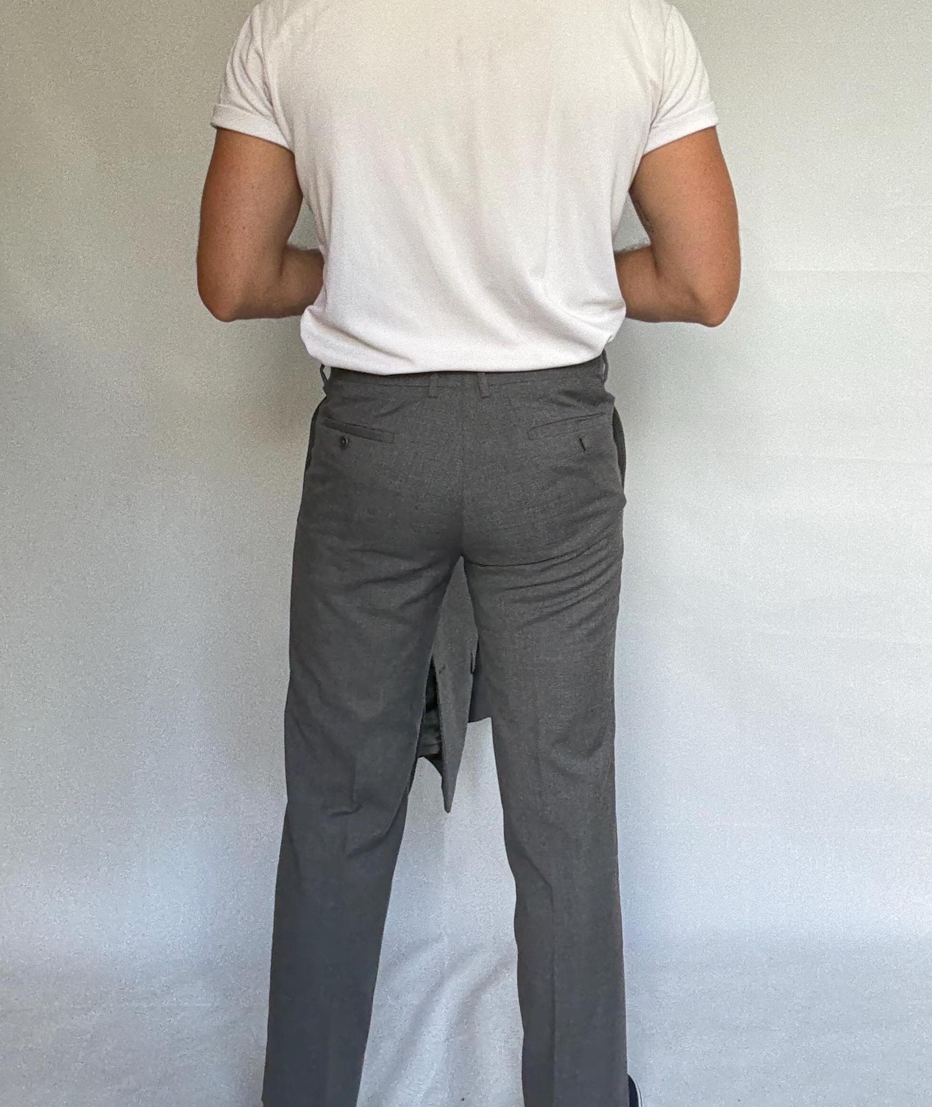 Calvin Klein gray suit, 100% wool, tailored fit, two, button blazer, slim fit trousers, minimalist elegant, US M, formal office wear