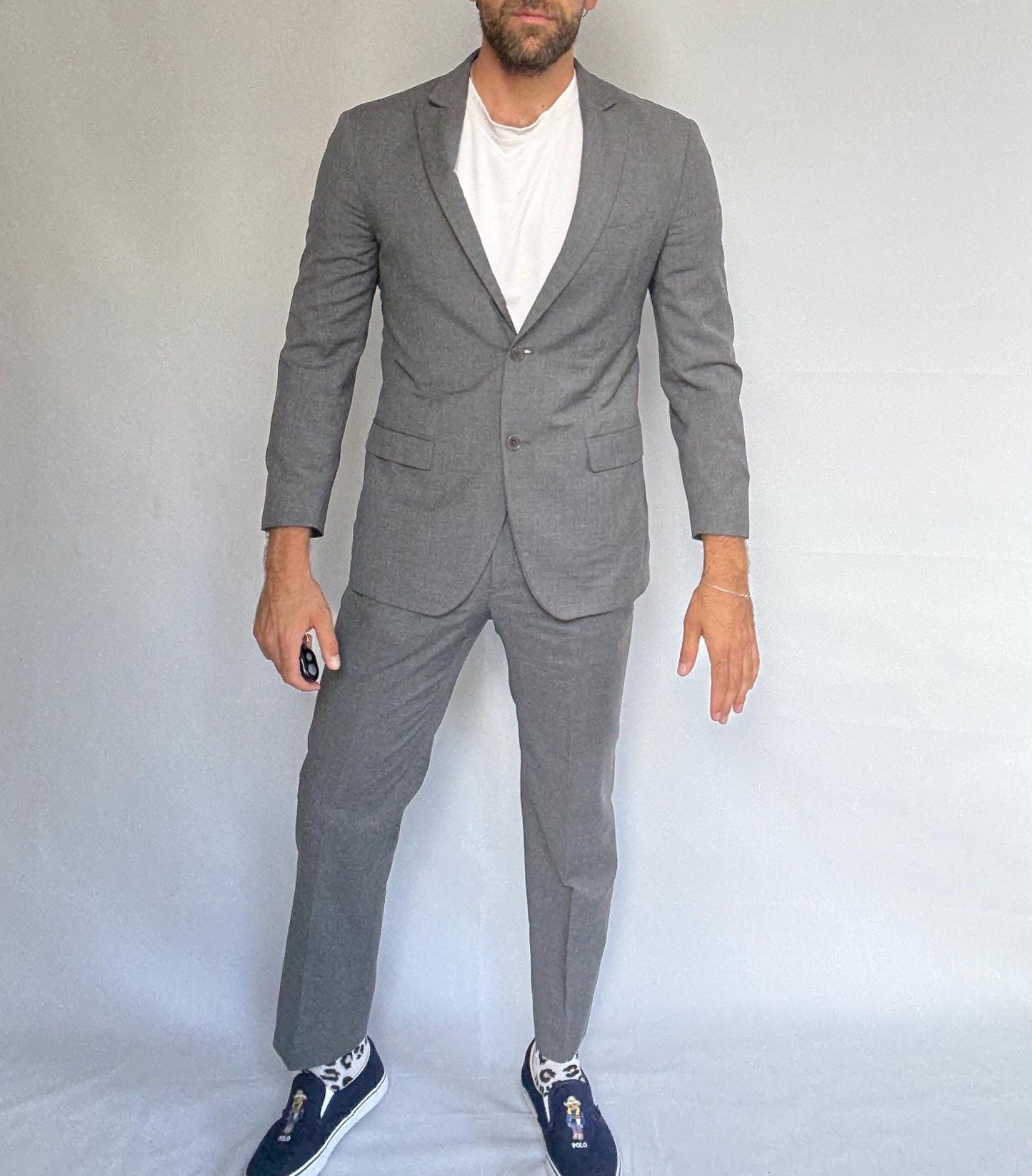 Calvin Klein gray suit, 100% wool, tailored fit, two, button blazer, slim fit trousers, minimalist elegant, US M, formal office wear