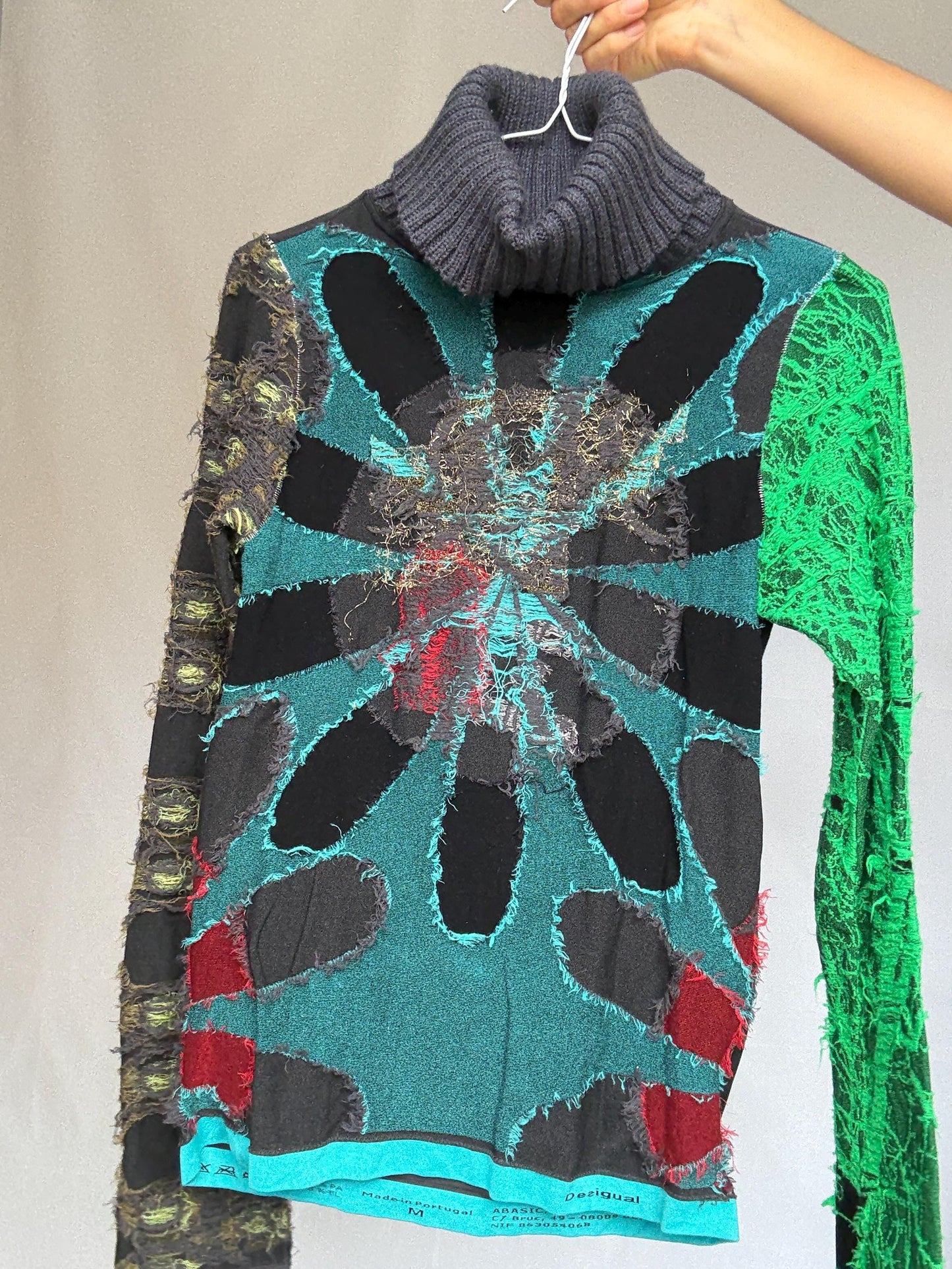 Desigual multicolor turtleneck sweater, cotton feel, relaxed fit, patchwork design, eclectic style, indie, sleaze, US M, artful streetwear