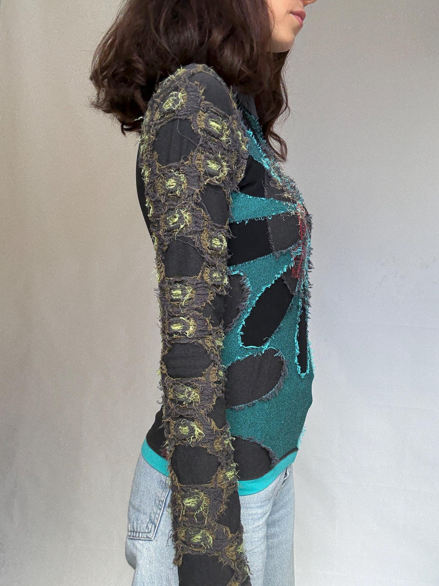 Desigual multicolor turtleneck sweater, cotton feel, relaxed fit, patchwork design, eclectic style, indie, sleaze, US M, artful streetwear