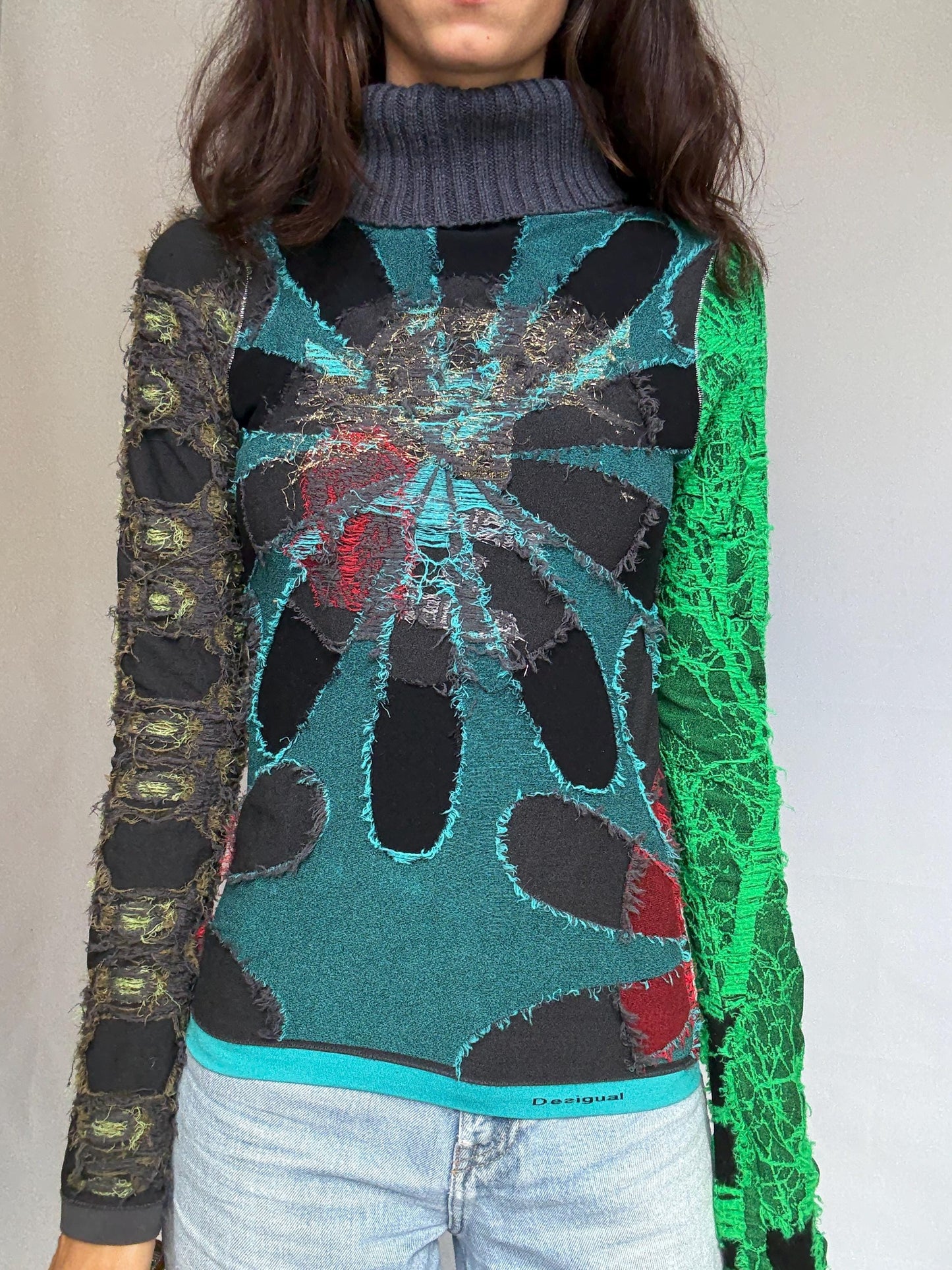 Desigual multicolor turtleneck sweater, cotton feel, relaxed fit, patchwork design, eclectic style, indie, sleaze, US M, artful streetwear