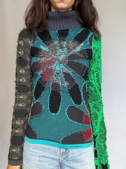 Multicolor Patchwork Turtleneck Sweater — fabric close-up