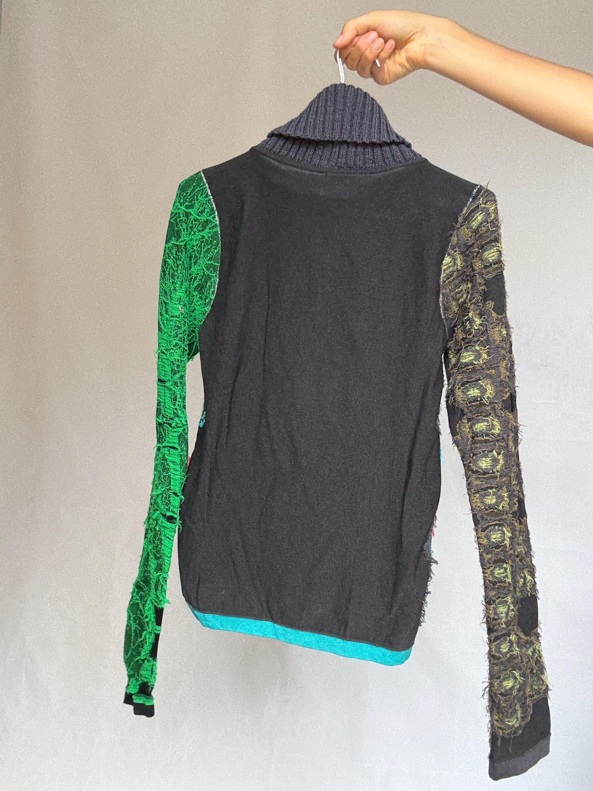 Desigual multicolor turtleneck sweater, cotton feel, relaxed fit, patchwork design, eclectic style, indie, sleaze, US M, artful streetwear