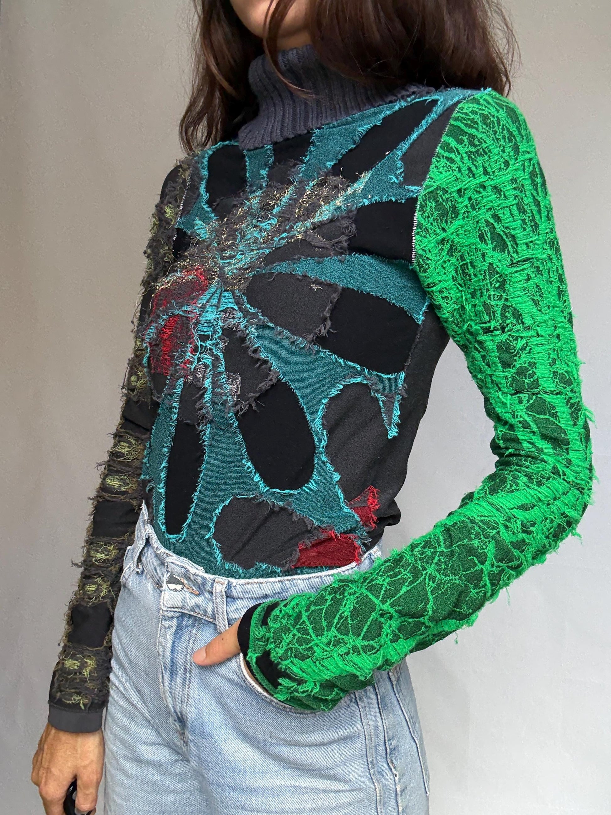 Desigual multicolor turtleneck sweater, cotton feel, relaxed fit, patchwork design, eclectic style, indie, sleaze, US M, artful streetwear