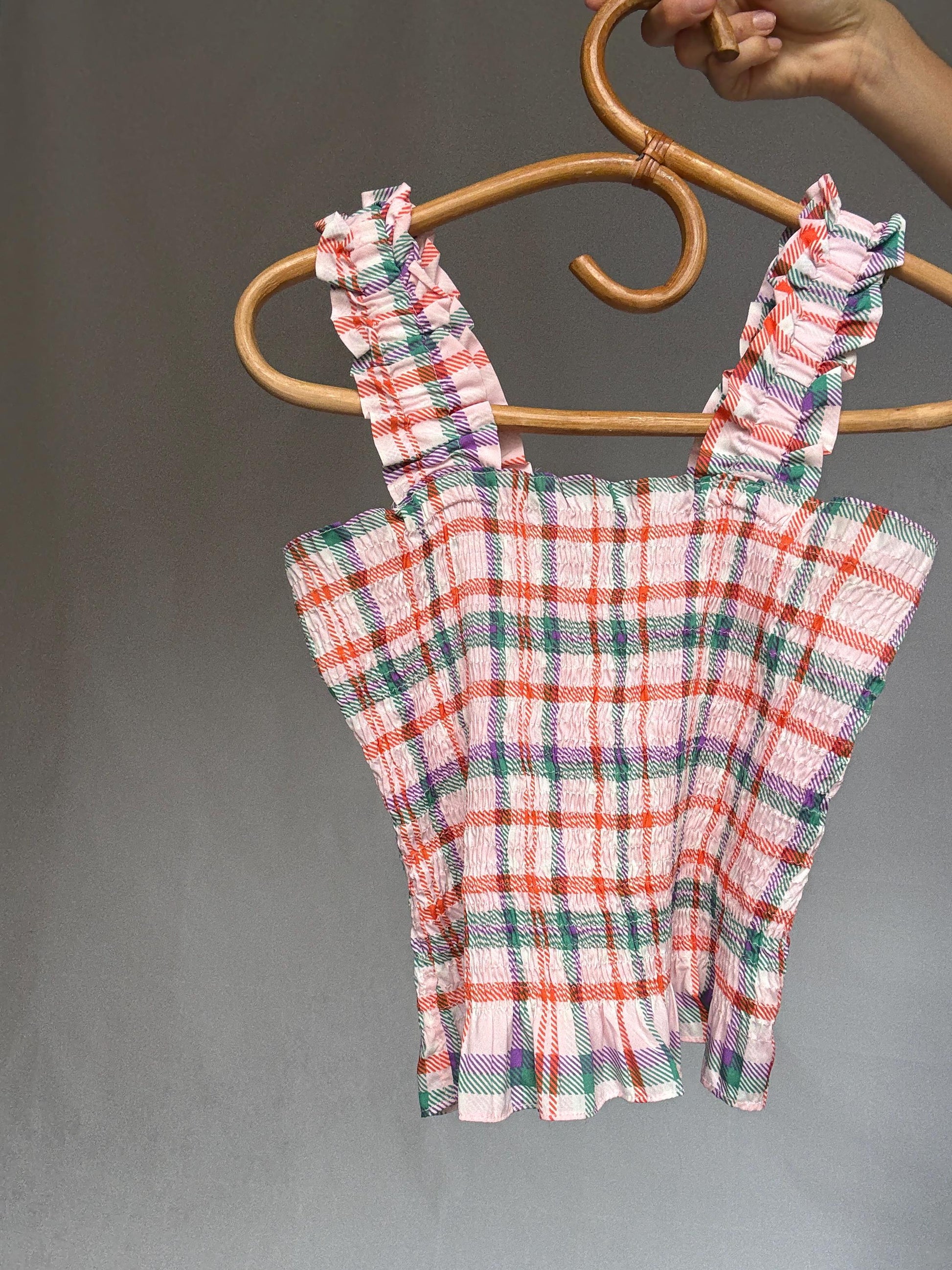 Colorful plaid sleeveless top, cotton feel, square neckline, ruffled straps, vibrant design, casual feminine vibe, US XS, summer festival
