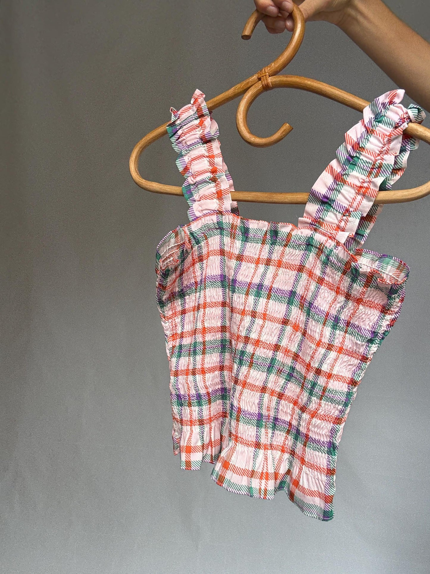 Colorful plaid sleeveless top, cotton feel, square neckline, ruffled straps, vibrant design, casual feminine vibe, US XS, summer festival