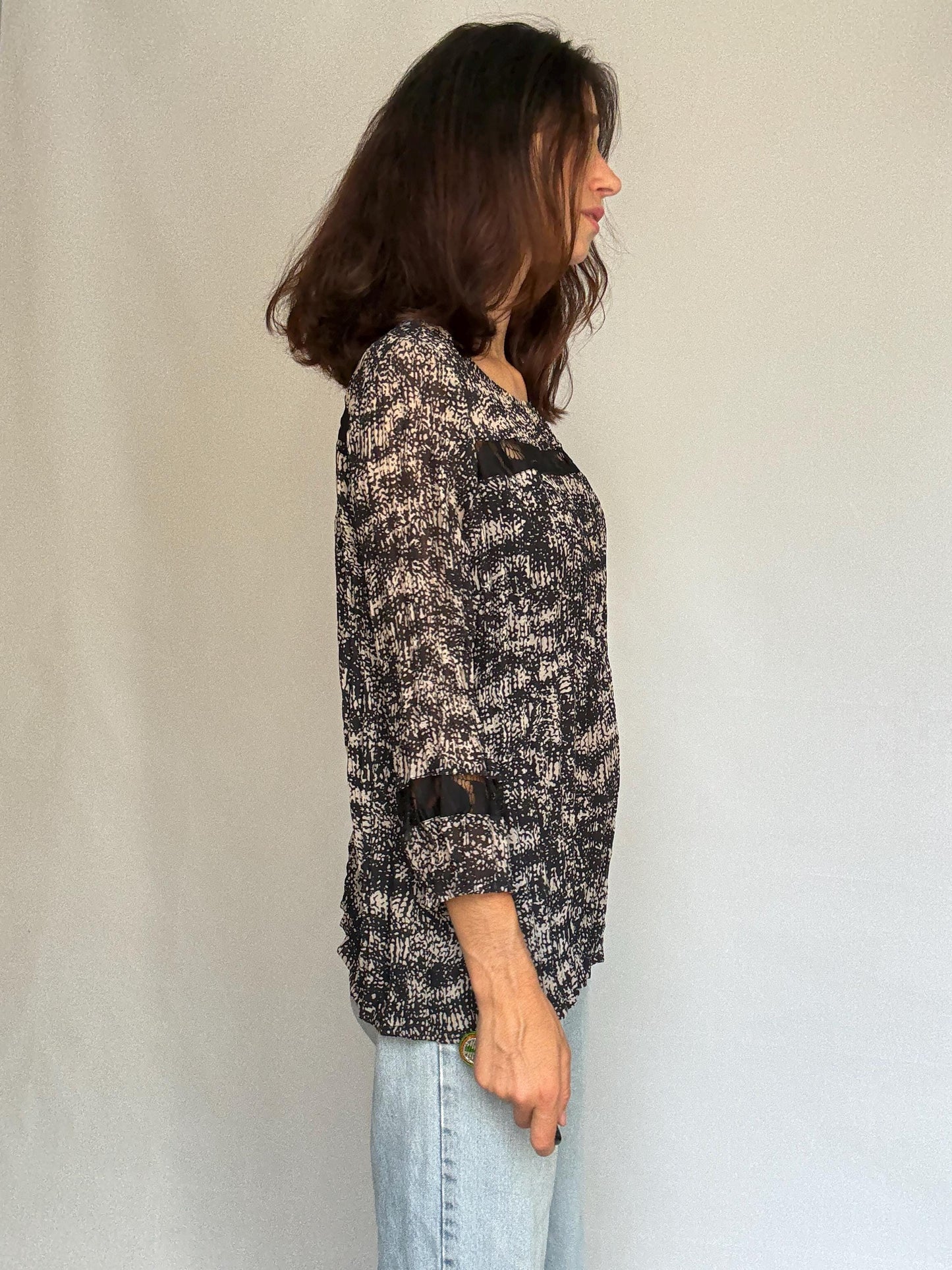 Adolfo Dominguez black and white top, cotton feel, relaxed fit, ruffle embellishments, minimalist style, US L, casual chic