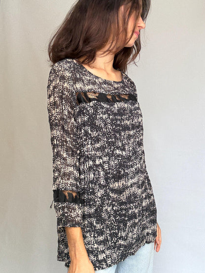 Adolfo Dominguez Black and White Ruffle Top — fabric close-up